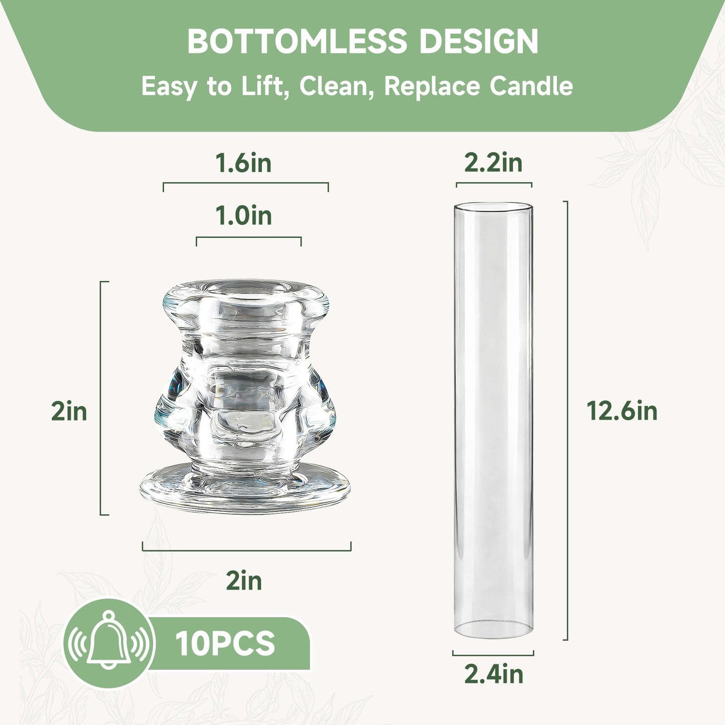 Glass Hurricane Candle Holders 10 Pack 12.6" Open Ended Candlestick Holder Tubes Clear Bottomless Cylinders Suitable for Taper LED Candles for Wedding Party Christmas Table Centerpiece Decor