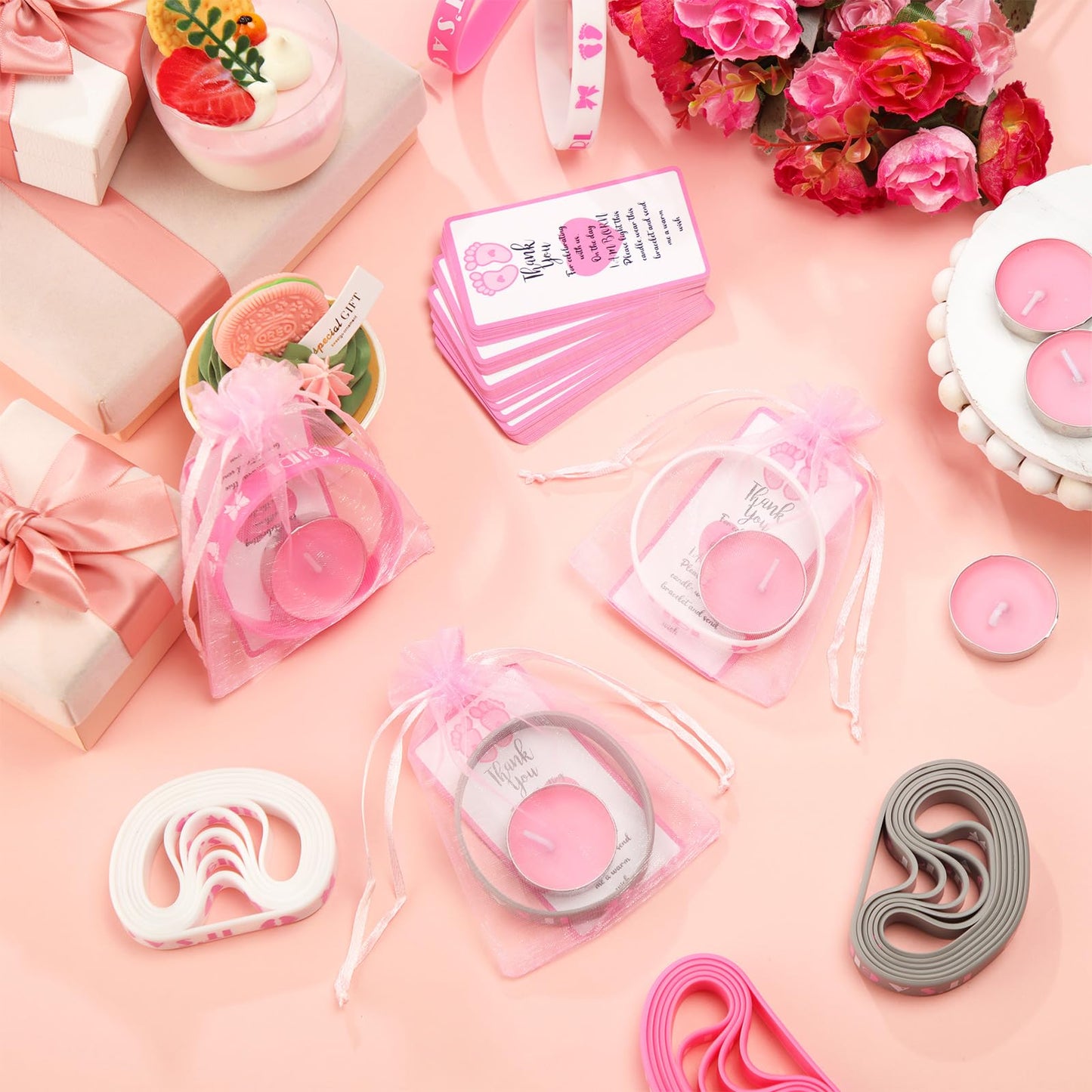 MTLEE 50 Sets Baby Shower Favors Tea Light Candles for Guests Cute Baby Shower Decorations with 50 Cards and 50 Organza Bags and 50 Silicone Bracelets for Boys Girls Gender Reveal (Pink,Cute)