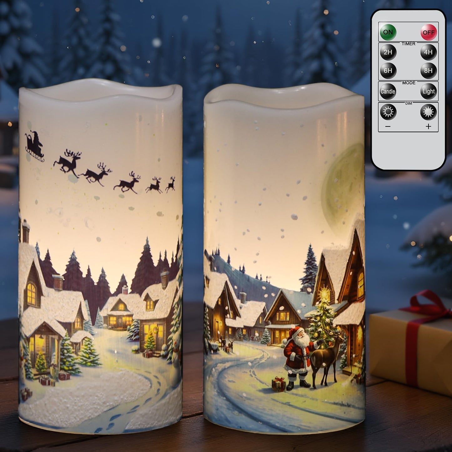GenSwin Christmas Flameless Candles with Remote Timer, Set of 2 Christmas LED Battery Operated Pillar Candles with Snow House, Santa, Reindeer Decals for Holiday Winter Party Home Decor(D3” x H6”)