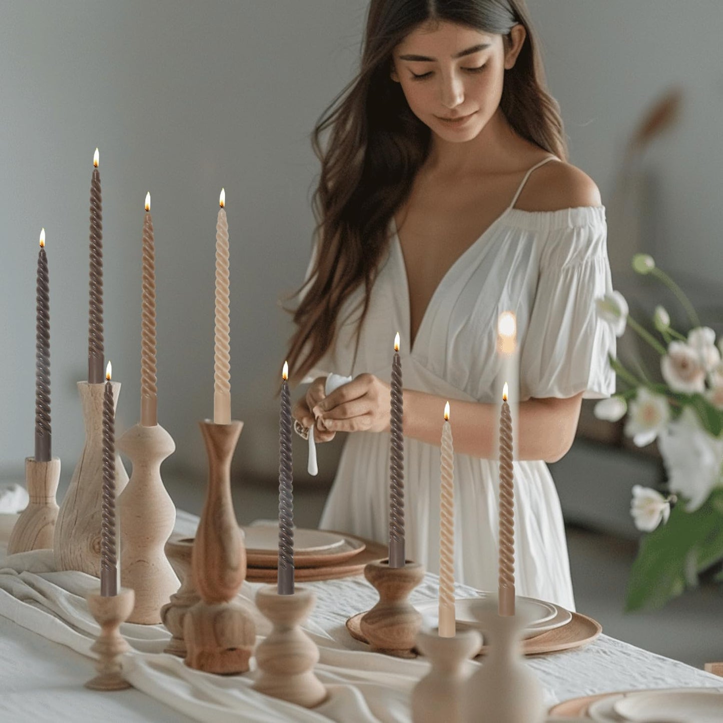 MAITREYA Brown Taper Candles Stick Spiral Twisted Candles-Set of 12 for Decoration Weddings Party Church-Unscented Dripless Candles,10inch(F-Gradient Brown)