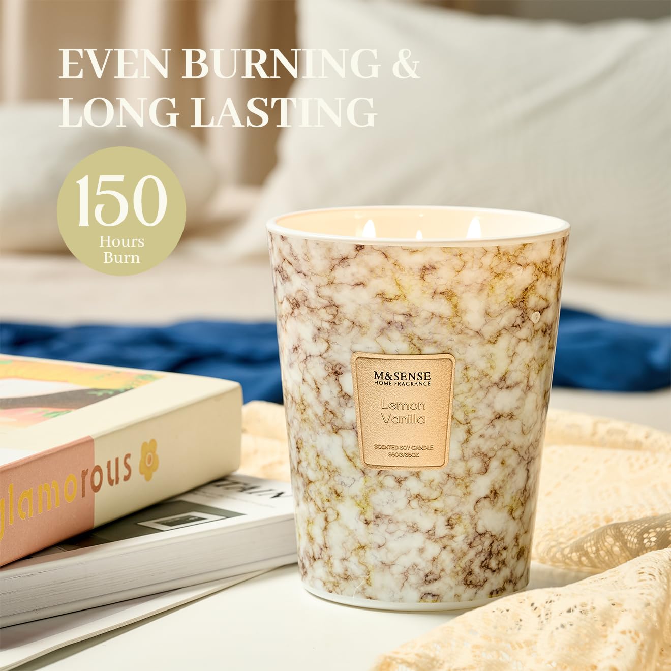 M&SENSE Extra Large Candle 35oz 150H Sugared Lemon Zest Scented Candle, 3 Wick Highly Scented Jar Candle, XL Candles Gift for Stress Relief, Meditation, Yoga