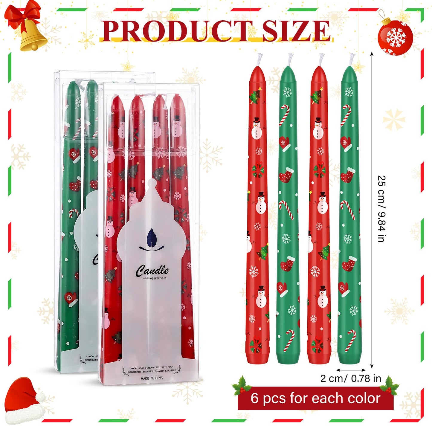 Threlaco 12 Pcs Christmas Taper Candles 10 Inches Red and Green Taper Candles Unscented Candle Sticks for Xmas Home Decor Wedding Party Supplies (Classic)