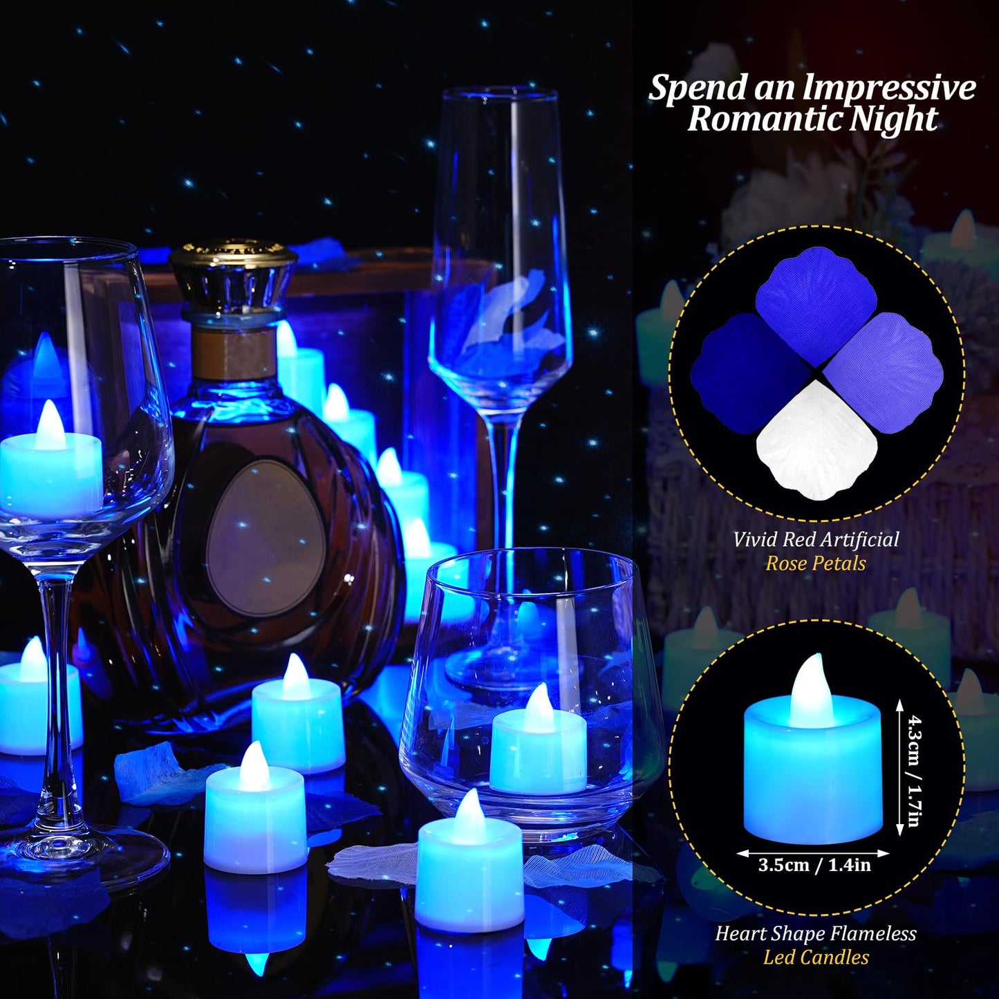 Coume 6000 Pcs Artificial Rose Petals with 72 Pcs Flameless LED Candles Romantic Decorations Fake Candles Happy Anniversary Decorations for Wedding Night (Blue, Blue Series Petal)