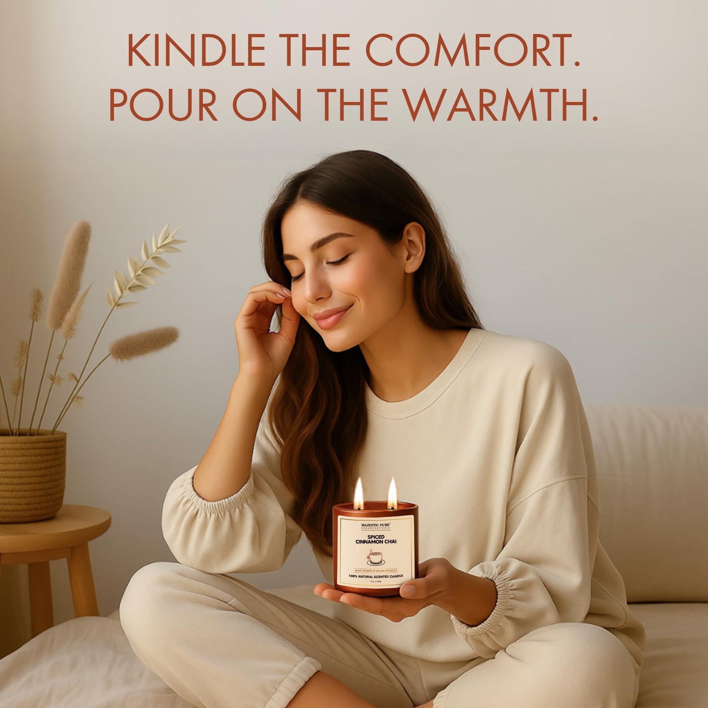 Majestic Pure Pumpkin Cinnamon Scented Candle with Upto 45+ Hrs Burn Time, 2-Wick Candle, Soy Wax Blend for Cleaner Consistent Burn, 10 oz Jar Candle with Room Filling Fragrance, Spiced Chai