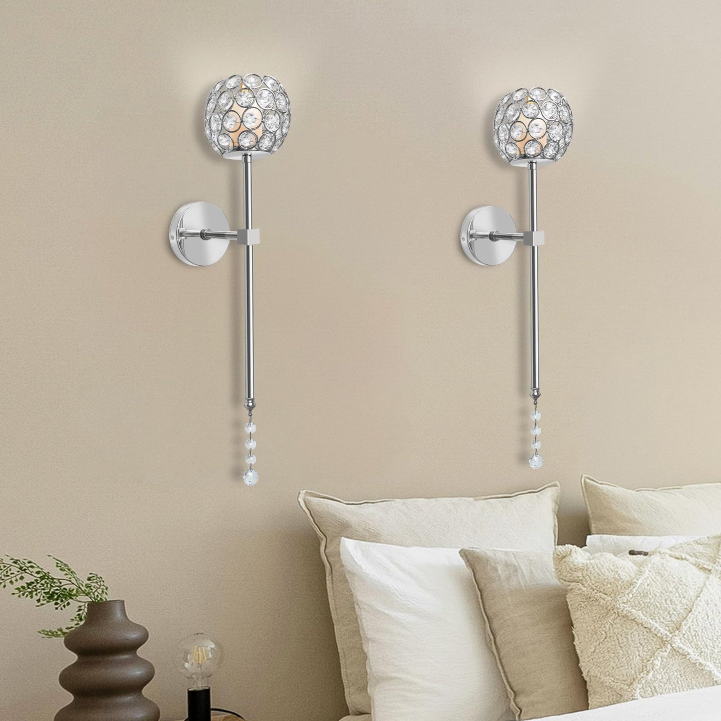 Crystal Candle Sconces for Wall Decorative Long Candle Holder Sconce Wall Art Home Decor for Bedroom Living Dining Room, Set of 2-Silver