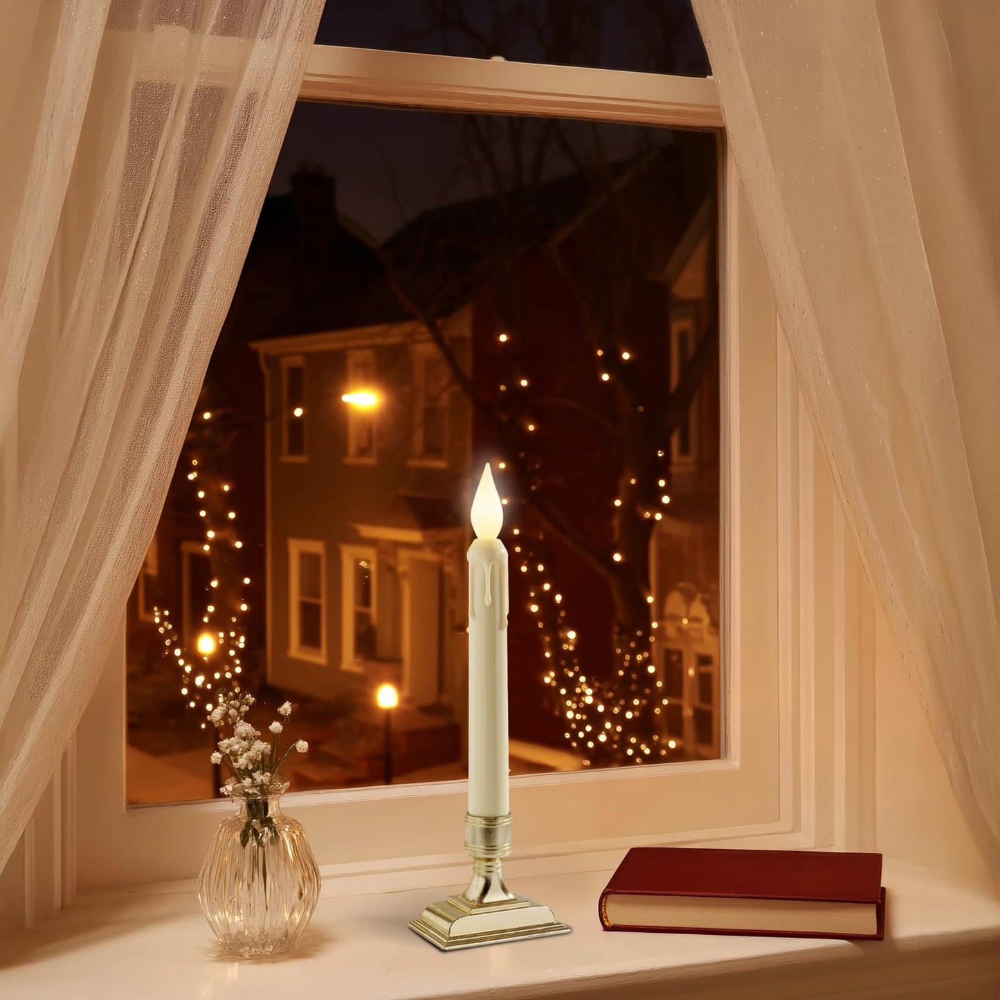 Meigic 6 Pcs Sensor Dawn to Dusk Window Candles, Flickering Battery Candles for Windows, Ultra Bright Fake Candle Lights with Gold Holders, Led Candlesticks for Xmas Home Decor, White Light