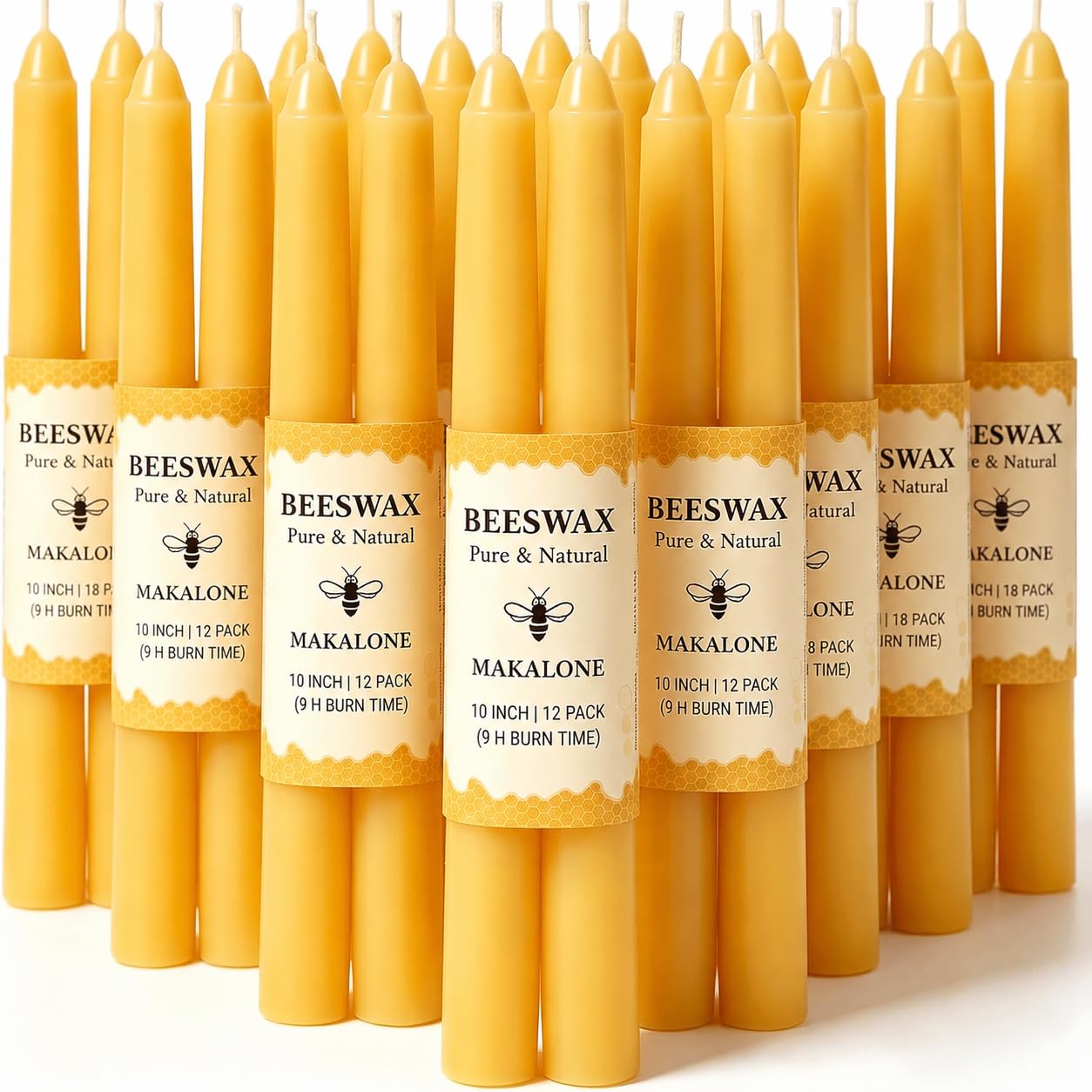10 in Beeswax Taper Candles,12Pack Dripless Pure Beeswax Candle Sticks,9 Hours Long Burning Natural Bees Wax Candles for Home,Unscented Smokeless Tapered Candlesticks for Dinner