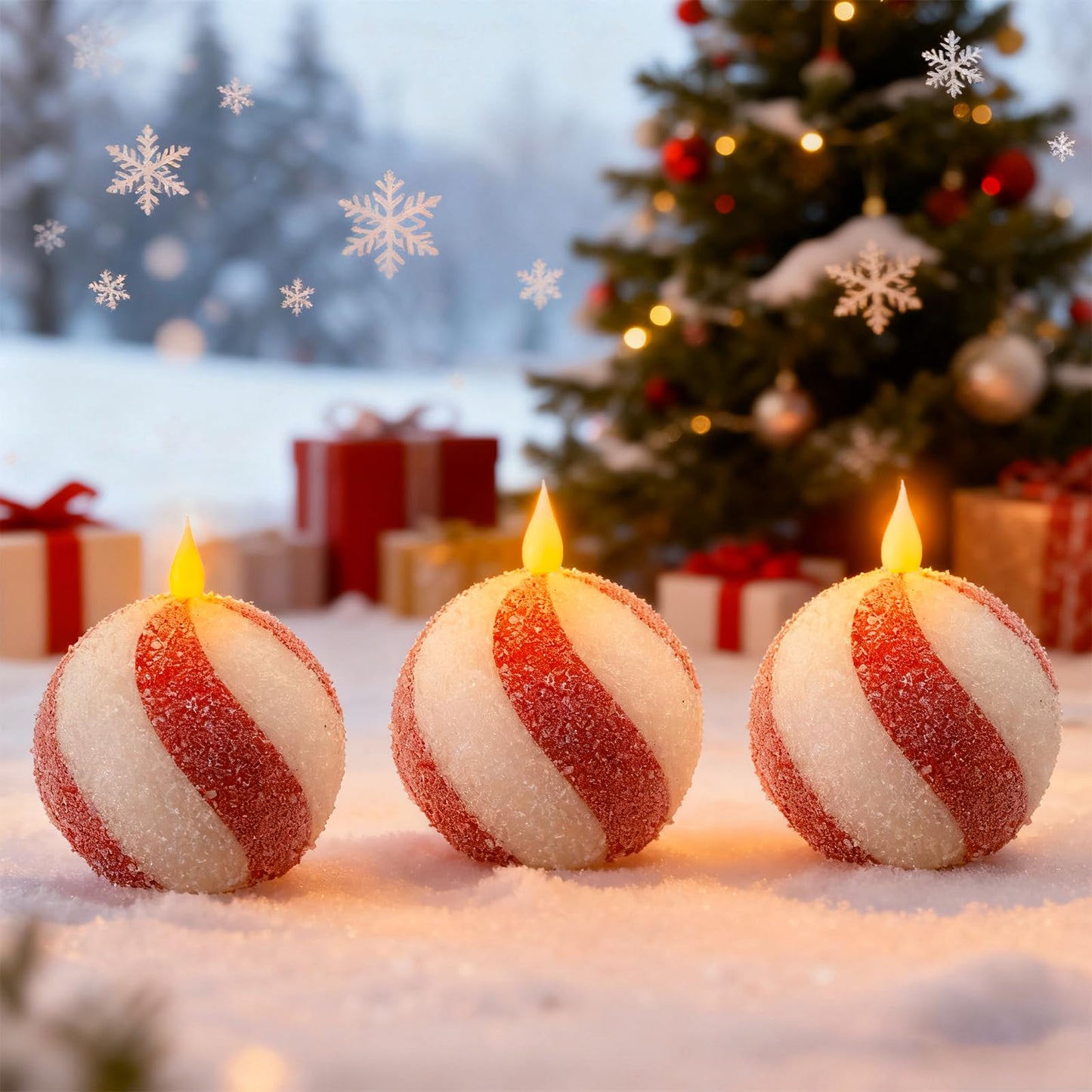 Set of 3 Christmas Sphere Candy Cane Flameless Candles, Glitter Red White Real Wax Flickering Ball Candles Battery Operated with Remote, Candy Cane Christmas Decorations, Xmas Party Centerpieces Decor