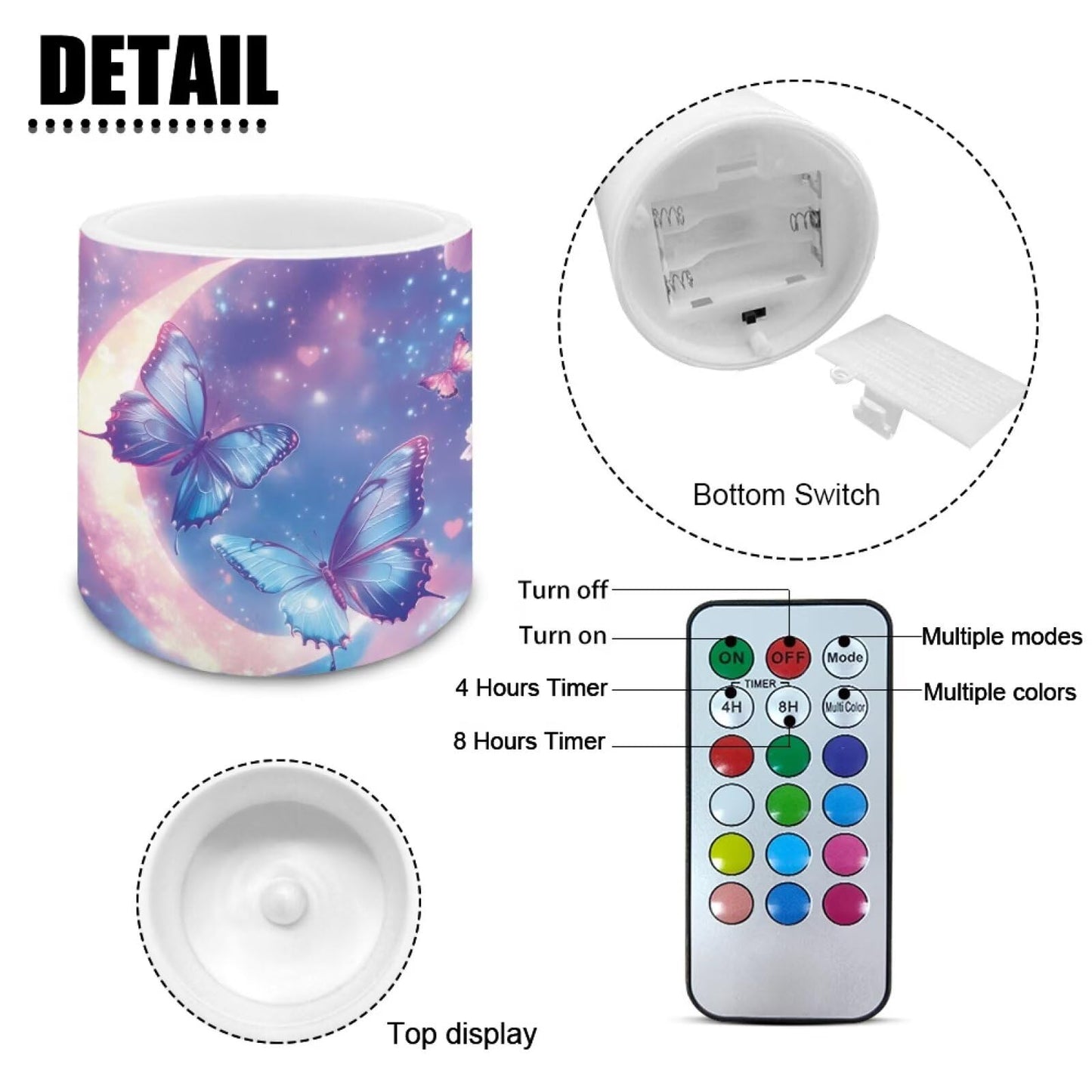 NETILGEN 4 Packs Flameless Candles with Remote Timer Color Changing 3 inch Flickering Flameless Candles with Battery Operated Moon Blue Butterfly Print
