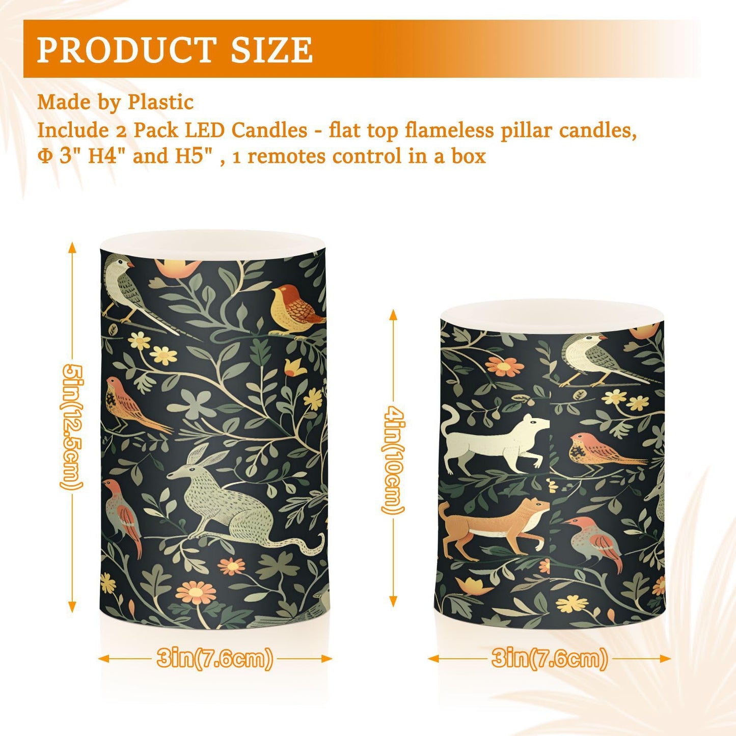 Forest Animal and Floral Flickering Flameless Candles Battery Operated with Remote Timer,Tea Light Candles LED Pillar Votive Candles set of 2 for Outdoor Indoor Decorations