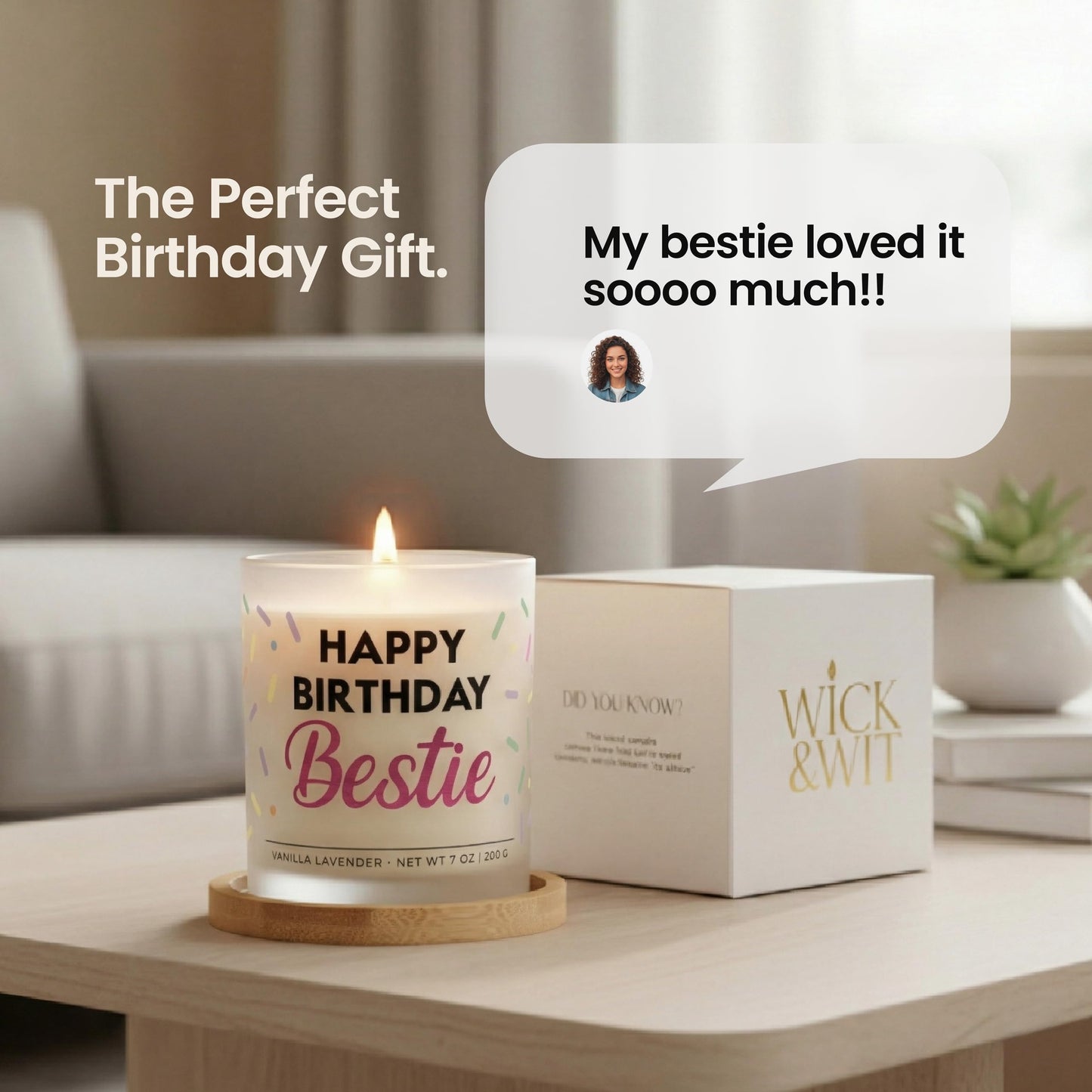 Bestie Birthday Gifts for Women - Happy Birthday Bestie Gifts for Women with Sprinkles Friendship Soy Candle Gift Set for BFF Sister Coworker Vanilla Lavender Candle Ready to Gift Box by Wick and Wit