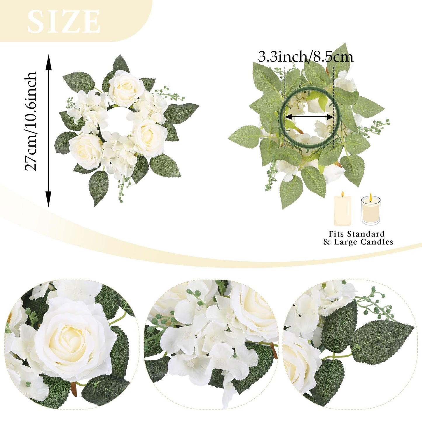 UUXX 4PCS Candle Rings, Floral Candle Wreath Rings, Silk Roses Hydrangea Flowers Candle Wreaths Rings for Table Centerpieces Wedding Valentine's Day Party Decor (Cream White)
