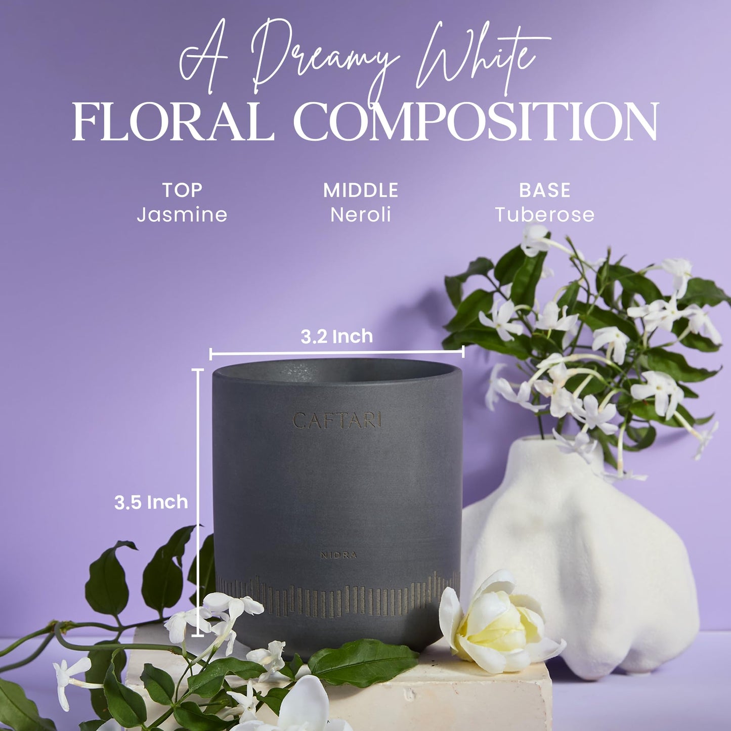 CAFTARI Nidra Scented Candle for Home | Jasmine, Tuberose & Neroli | Non Toxic Candle | Premium Soy Candle | 60-Hour Burn | Vegan Aromatherapy | Elegant Ceramic Jar | Luxury Gift | 10.5