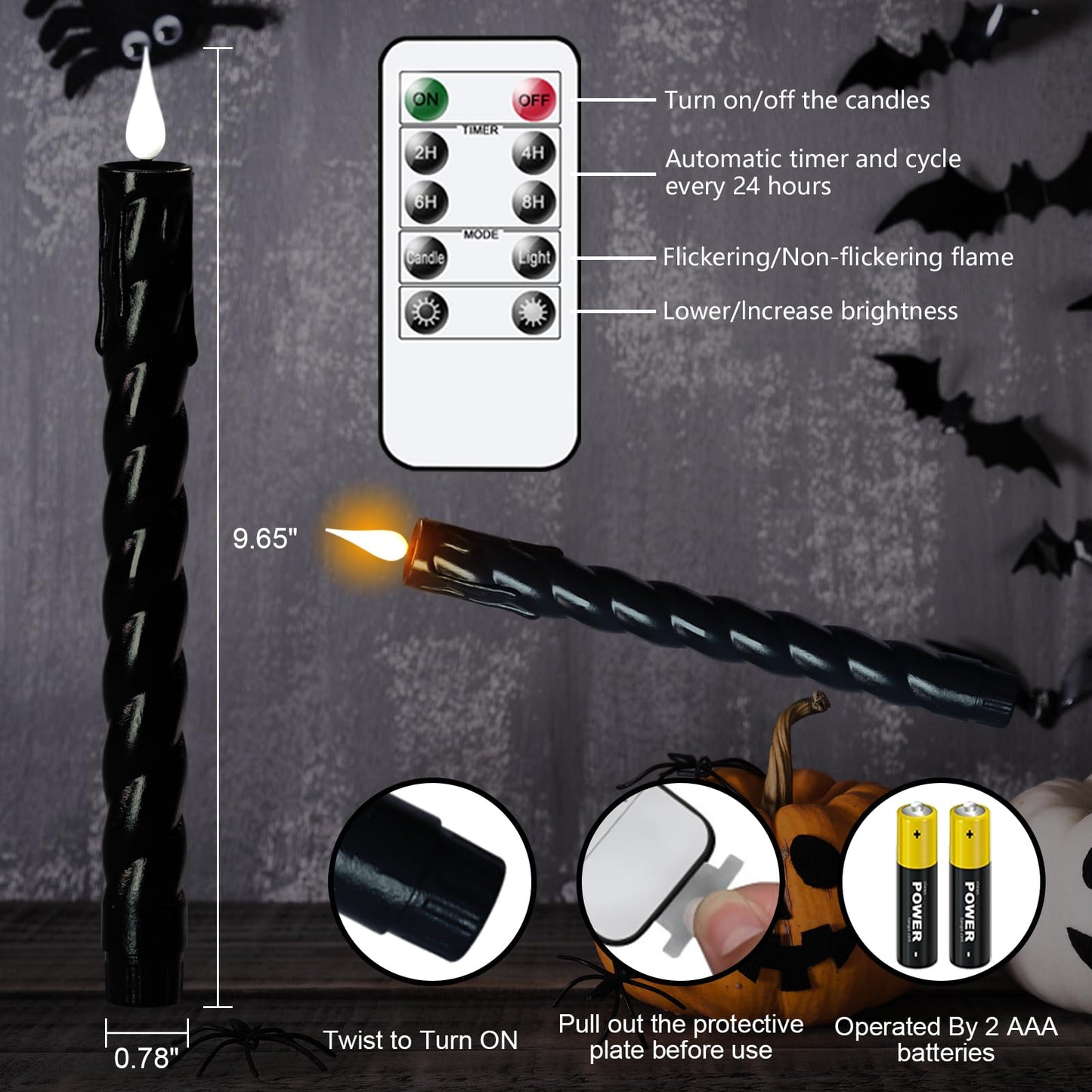 DRomance Flickering Flameless Taper Candles with Remote and Timer, 2 Pack Battery Operated LED Taper Candles 3D Wick Plastic Dripping Effect Dinner Halloween Indoor Decor(Black, 0.78" D x 9.65" H)