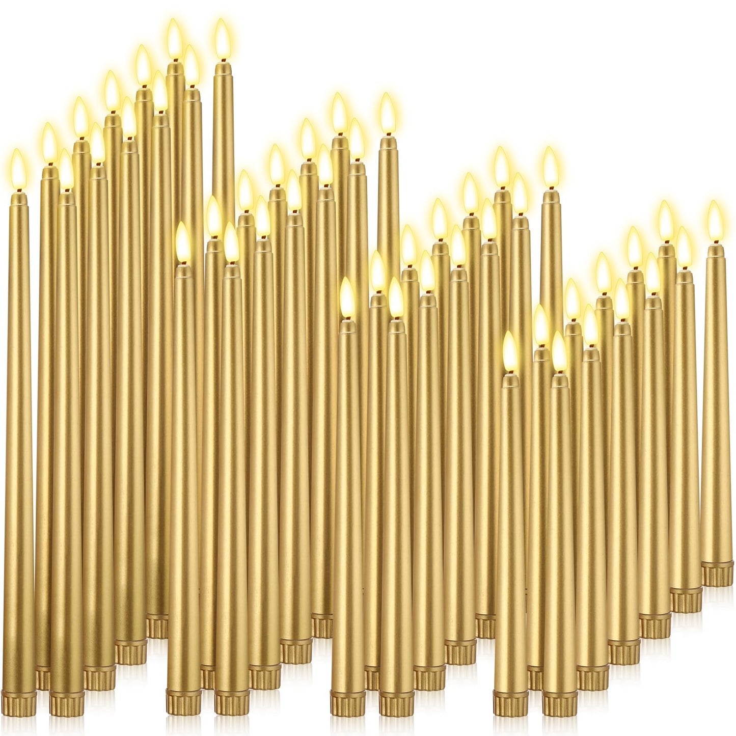 Rossesay 48 Pcs Flameless LED Taper Candles Battery Operated Candles 4 Sizes of 8.5'', 9.65'', 10.83'', 12.8'' Flameless Candlesticks Flickering for Halloween Christmas Church Wedding(Golden)