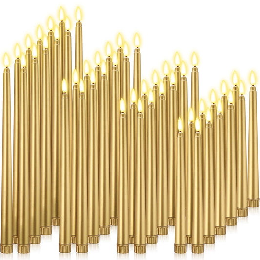 Rossesay 48 Pcs Flameless LED Taper Candles Battery Operated Candles 4 Sizes of 8.5'', 9.65'', 10.83'', 12.8'' Flameless Candlesticks Flickering for Halloween Christmas Church Wedding(Golden)