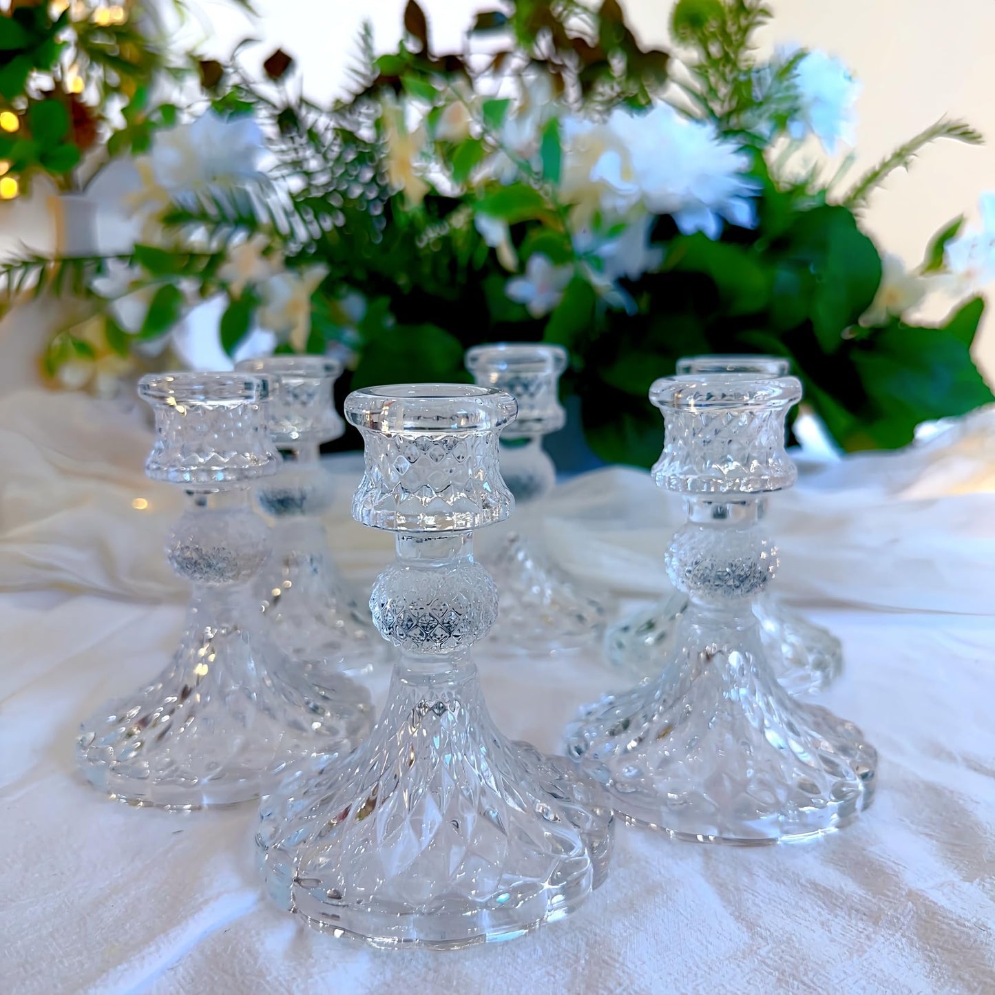 ECHFSM Glass Candlestick Holder,Striped Taper Candle Holders,Set of 6 Candle Stand for Table Centerpieces, Home Decor,Weddings,Festival and Parties (Clear Dimond Pattern)