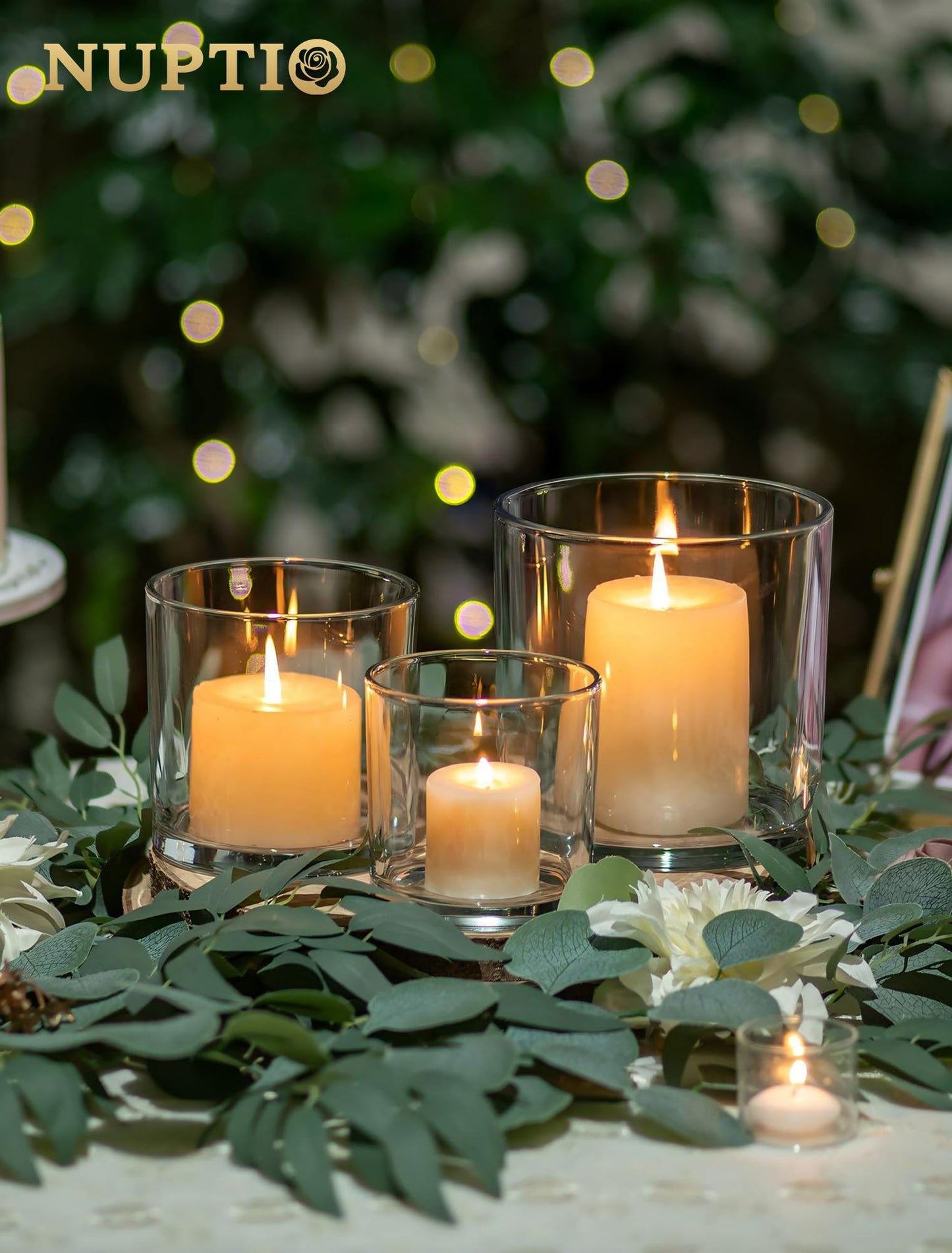NUPTIO Hurricane Glass Candle Holders: Set of 3 Thick Glass Large Pillar Candle Holder - Clear Vases for Wedding Table Centerpieces Decor