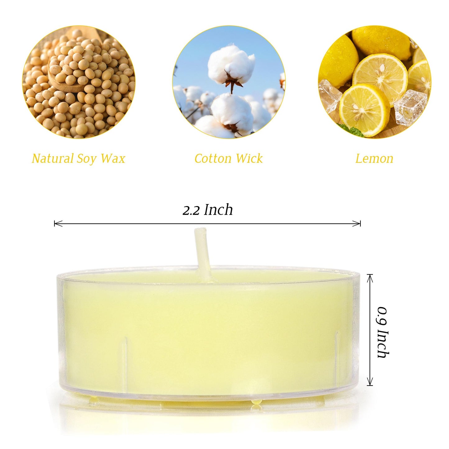Scented Tealight Candles, 6Pcs Lemon Natural Soy Tea Lights Candle - 8 Hours Long Burning, Smokeless and Clean Burn for Home Decor, Dinner, Weddings, Party