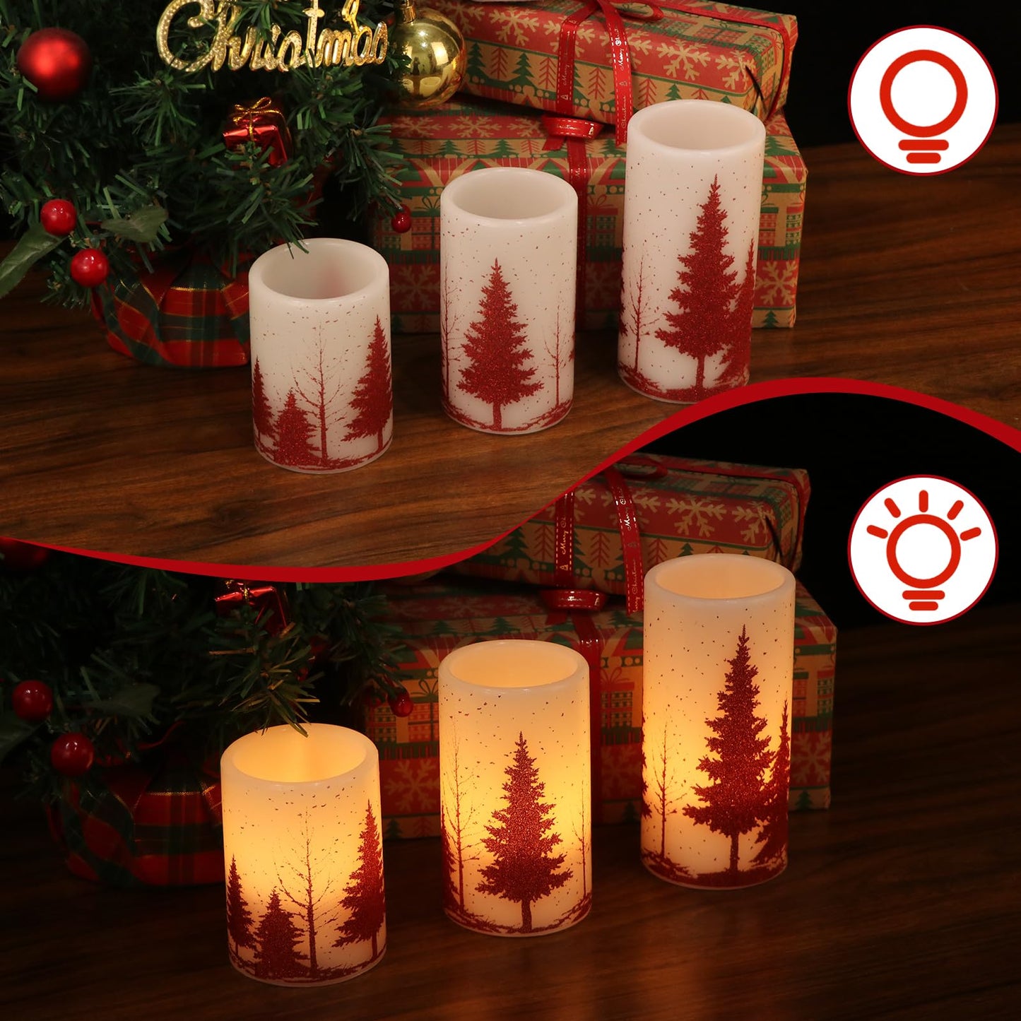 Eldnacele Christmas Flickering Flameless Candles with 6 Hour Timer, Red Christmas Tree Decal Battery Operated Real Wax LED Pillar Candles Home Tabletop Holiday Decor(3Pcs,3×4/5/6 Inches)
