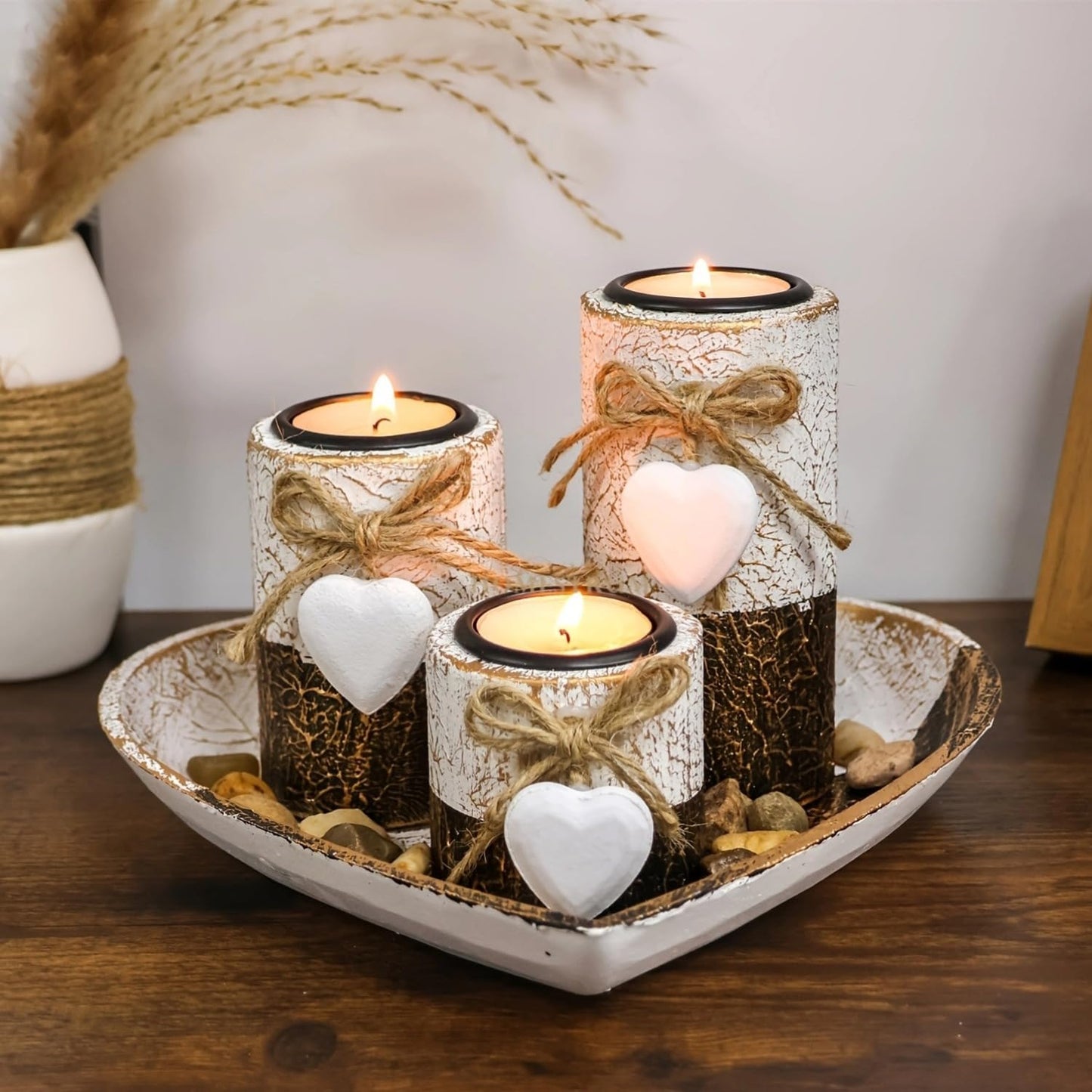 Wooden Tealight Candle Holders with Heart Tray, Rustic Farmhouse Candle Holders for Table Centerpiece Classic and Elegant Tea Light Holder Set for Valentines Day Wedding Anniversary Holiday Home Decor