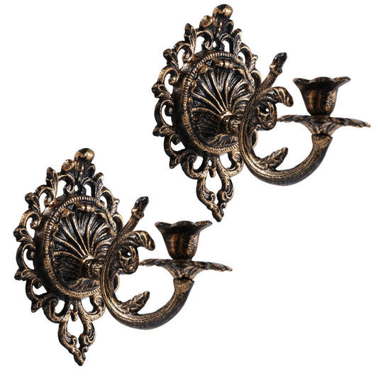 Polifish Antique Gold Wall Candle Holder Set of 2, Vintage Taper Candle Wall Sconce, Cast Iron Candlestick Holders Decor for Living Room, Fireplace and Yard Channel