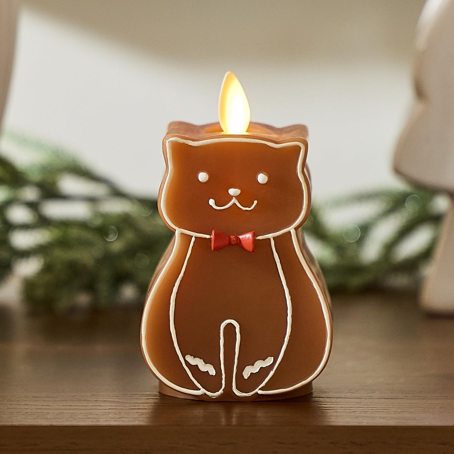 Luminara Flickering Flameless Candle 2.5" x 4.3", Battery Operated & Timer Function, Remote Ready (Sold Separately), Gingerbread Cat Moving Flame LED Light Figural Candle for Christmas Holiday Display