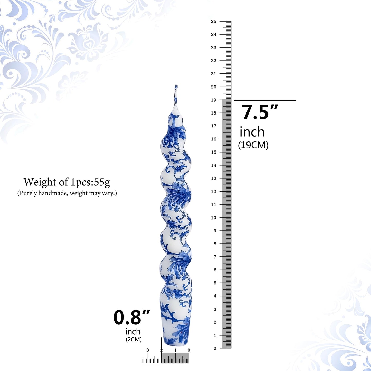 NJAO HOO Floral Taper Candles 7.5 in Spiral Candlesticks Hand Printed Blue and White Candlestick Twisted Taper Candle for Home Garden Decor 2 Pack