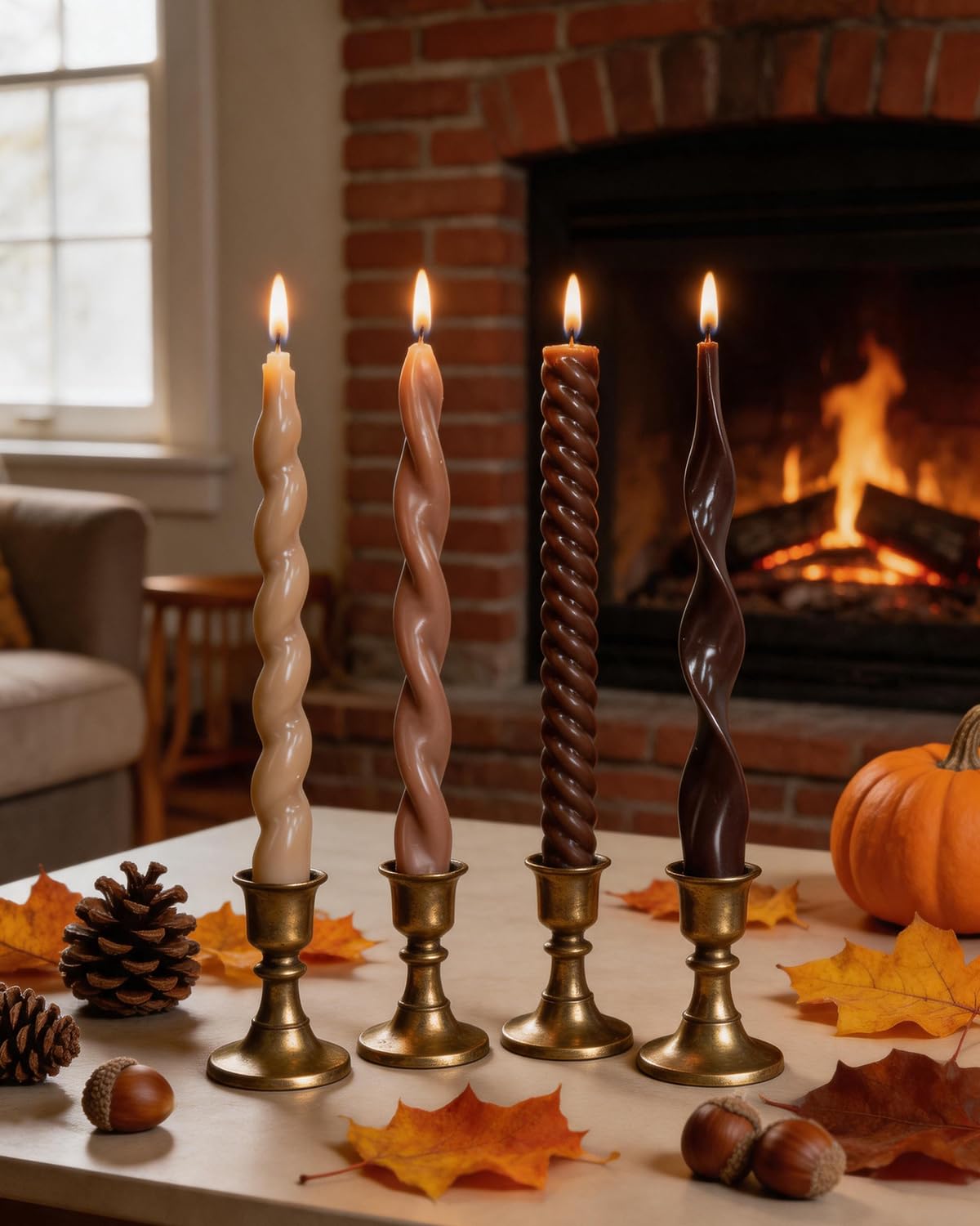 Brown Taper Candle Stick Spiral Taper Candle for Wedding Party Fall Decoration Home Dinner Decoration Unscented Candles,10inch,4 Pack