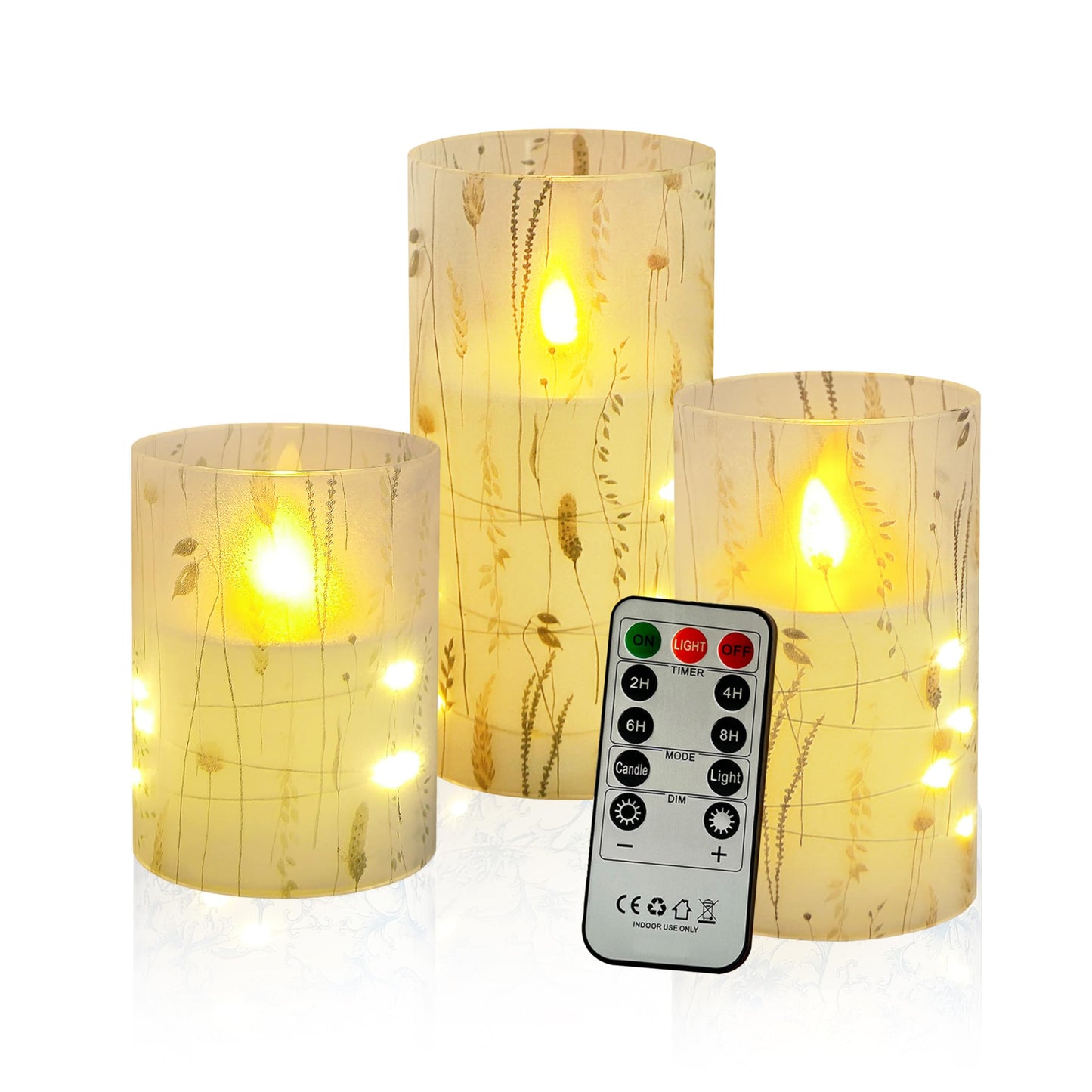 Flickering Flameless Candles Leaf Print, Embedded Star String Lights, Battery Operated Acrylic LED Pillar Candles with 11-Key Remote and Timer for Home Decoration, 3 Pack