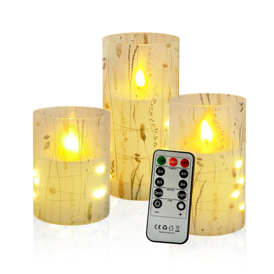 Flickering Flameless Candles Leaf Print, Embedded Star String Lights, Battery Operated Acrylic LED Pillar Candles with 11-Key Remote and Timer for Home Decoration, 3 Pack
