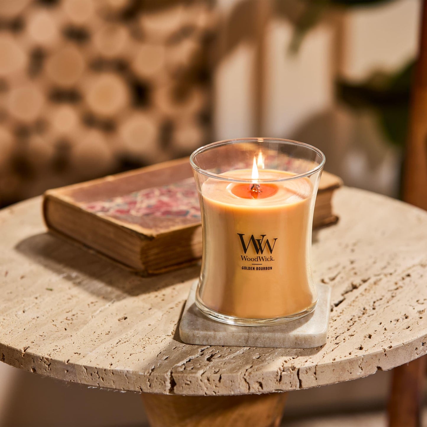 WoodWick Golden Bourbon Holiday Candle Gifts for Women and Men, 9.7 oz Medium Hourglass Candle with Crackling Wick