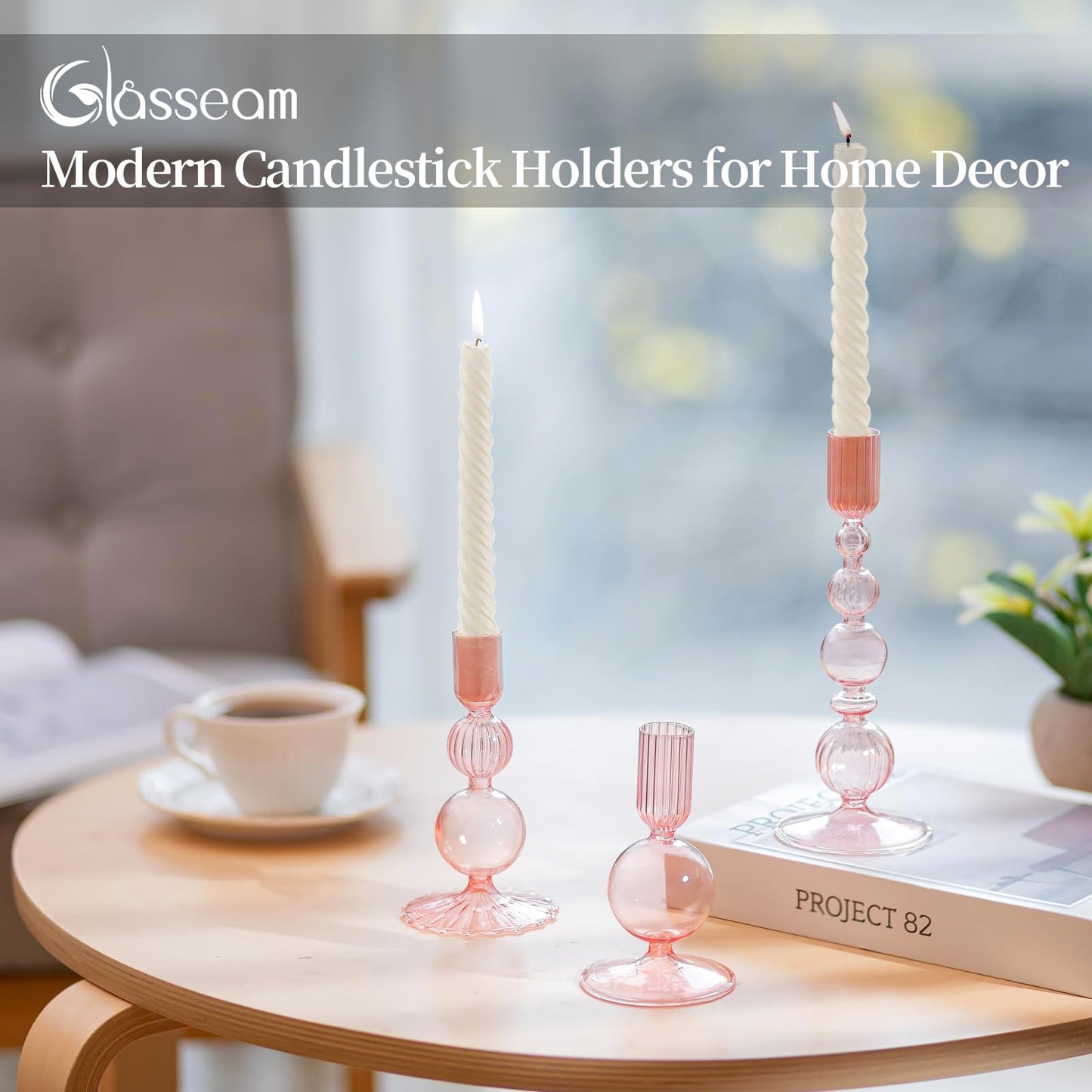 Glasseam Pink Glass Candlestick Holder: Unique Candle Holders Set of 3 Modern Taper Candle Holder Decorative for Table Centerpiece Party Christmas Home Wedding Decoration