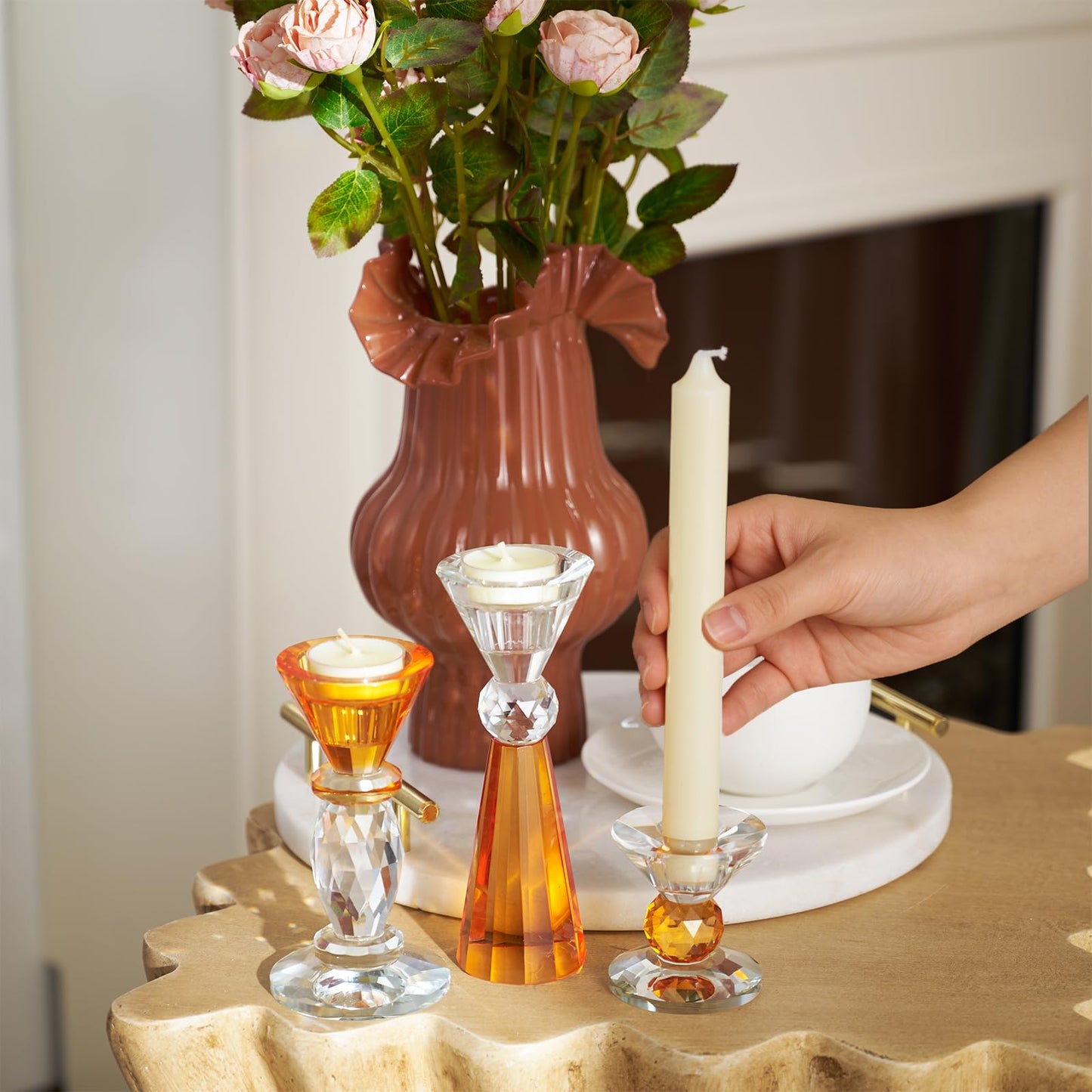 DN DECONATION Glass Candle Holder Set of 3, Candlesticks Holders Amber & Clear Crystal Tealight Candles Holder for Table Centerpiece Wedding Decorations Housewarming Gift Living Room Party