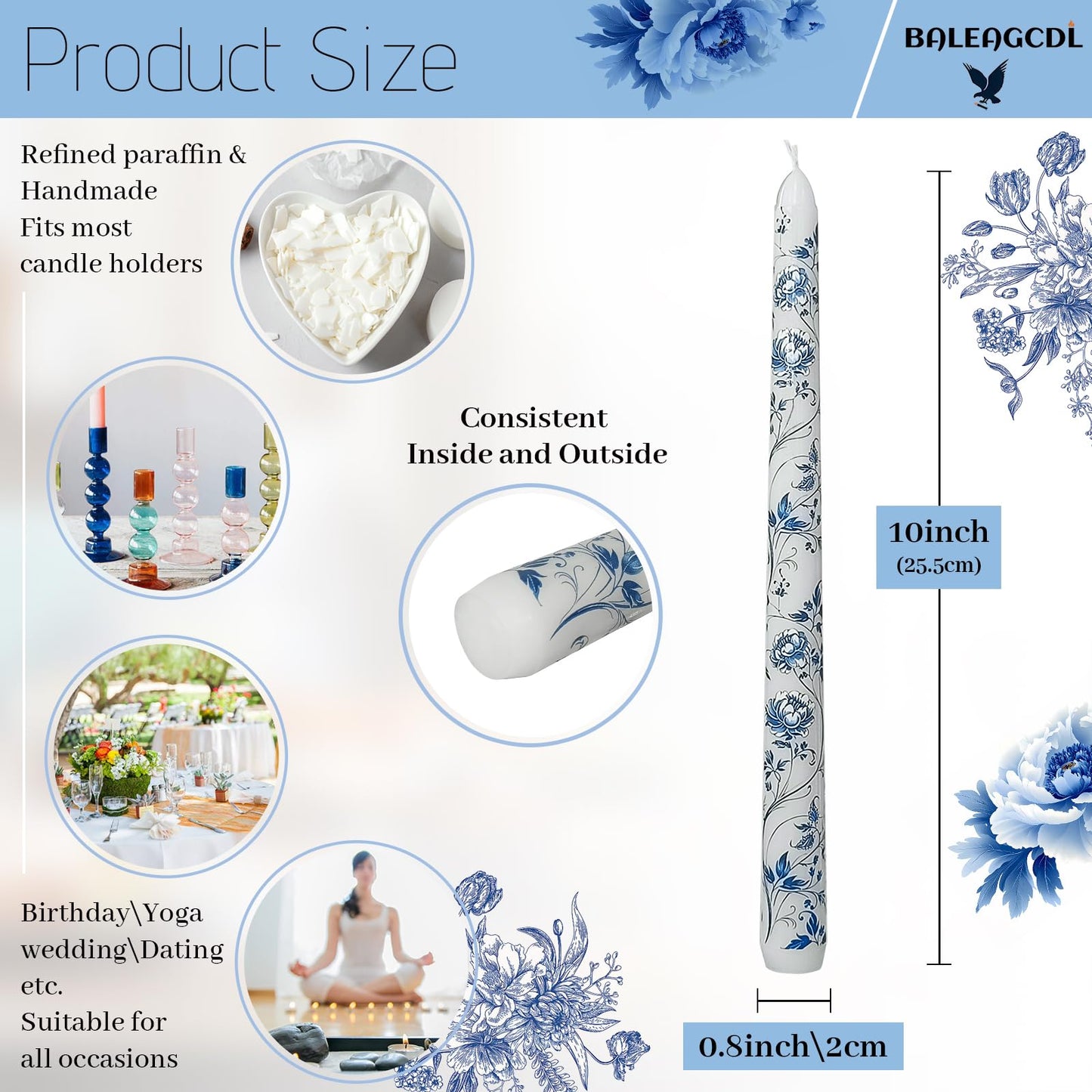 Chinoiserie Floral Candle Sticks 10 Inch Taper Candle Long Candlesticks Peony Printed Tapered Candles,Set of 2 for Home Wedding Holiday Party Decor