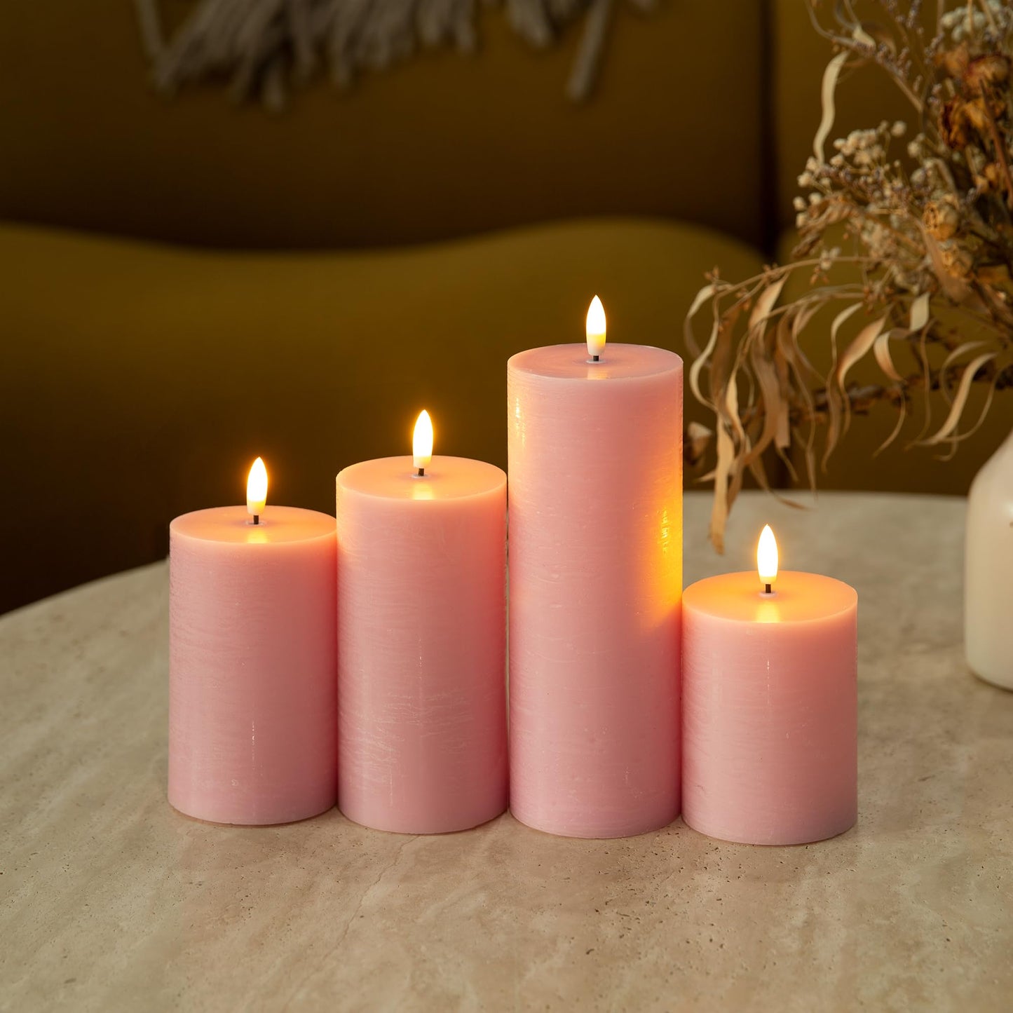 LUSHARBOR Flameless Candles, 4 Pack Battery Operated Candles with Remote, Real Wax LED Fake Candles with Timer Flickering for Christmas Wedding Home Party D3 H 5" 6" 7" 9" Pink