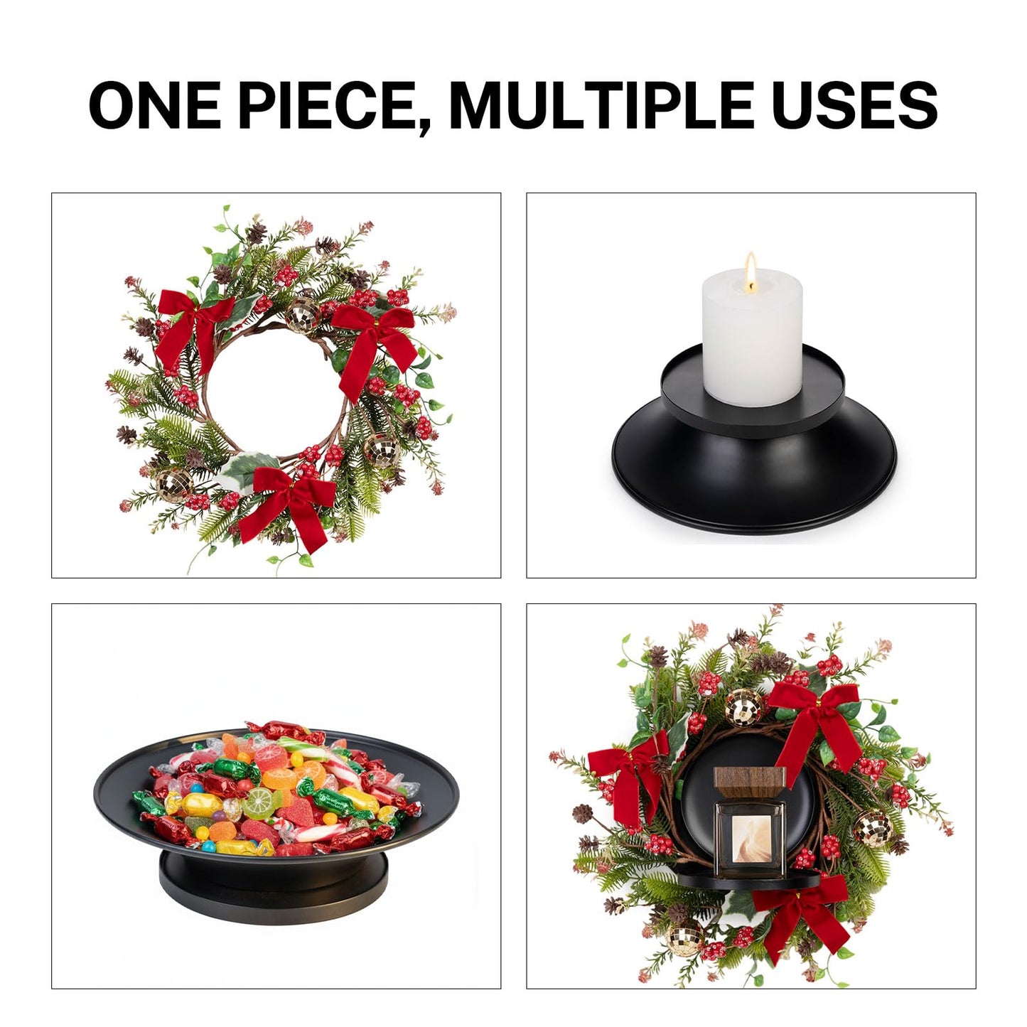 MOYEE Winter Christmas Candle Holder Centerpieces for Tables,Candle Ring, Black Metal Candlestick with an Artificial Wreath 14 in Versatile Dining Table Centrepiece (Red Bow Pinecone Wreath)