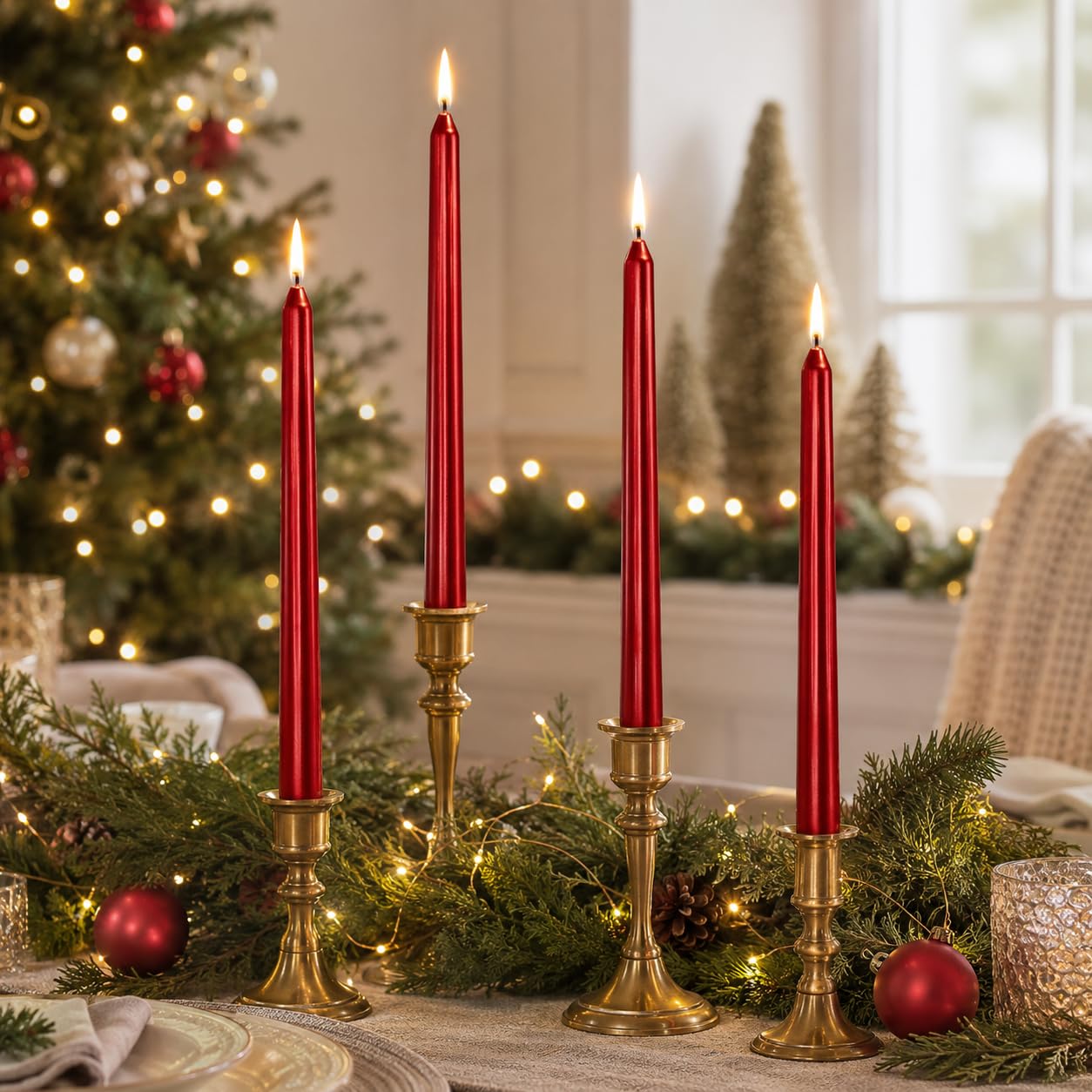 Metal Red Taper Candles Set of 4, 10 Inch Handmade Candle Stick, Unscented Candlesticks, Tapered Candles for Wedding Christmas Dinner Table Home Decor