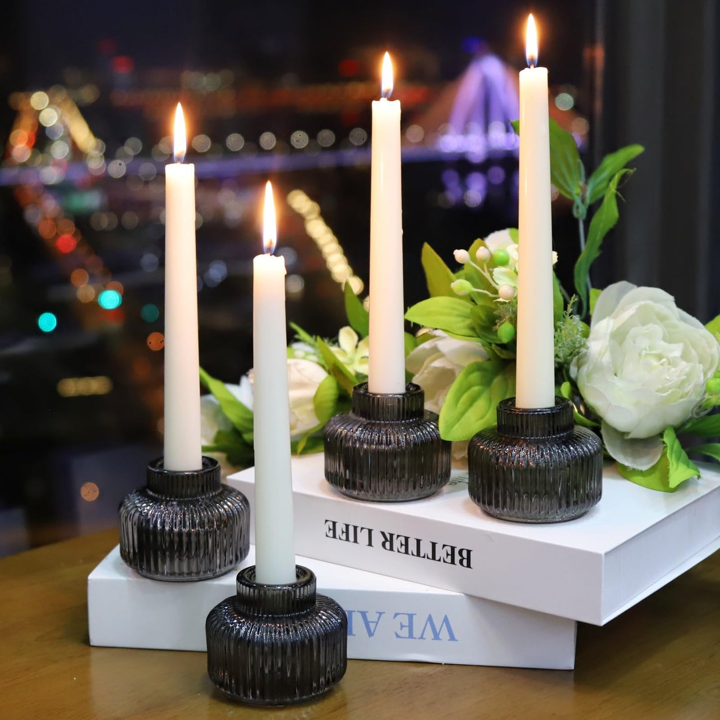 Woho Smoky Grey Candlestick Holders Set of 4 for Votives/Tea Lights, Ribbed Glass Taper Candle Holders for Table Centerpiece, Reversible Candle Sticks Holder Decor for Daily Home Decor