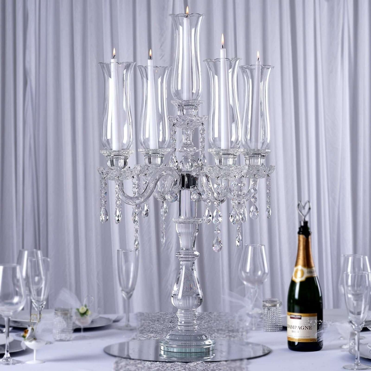Efavormart 5 Arm Premium Crystal Glass Taper Candle Holder Candelabra with Chandelier Chains 32"