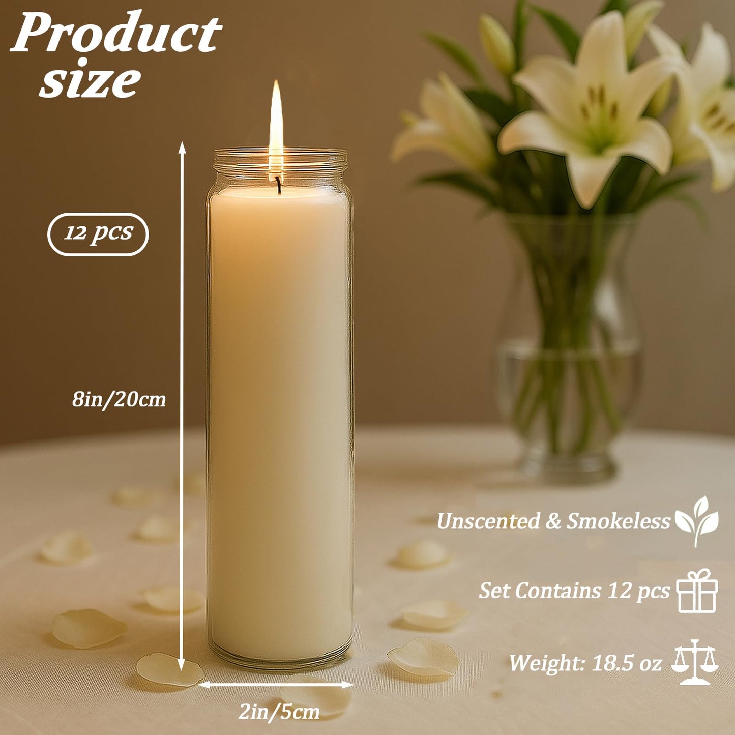 Trxvxo 12 PCS White Candles in Glass, 2 Inch x 8 Inch Unscented Prayer Candle,Suitable for Various Occasions Such as: Memorials, Religious, Catholicism, Churches, Altars, Vigils, etc.