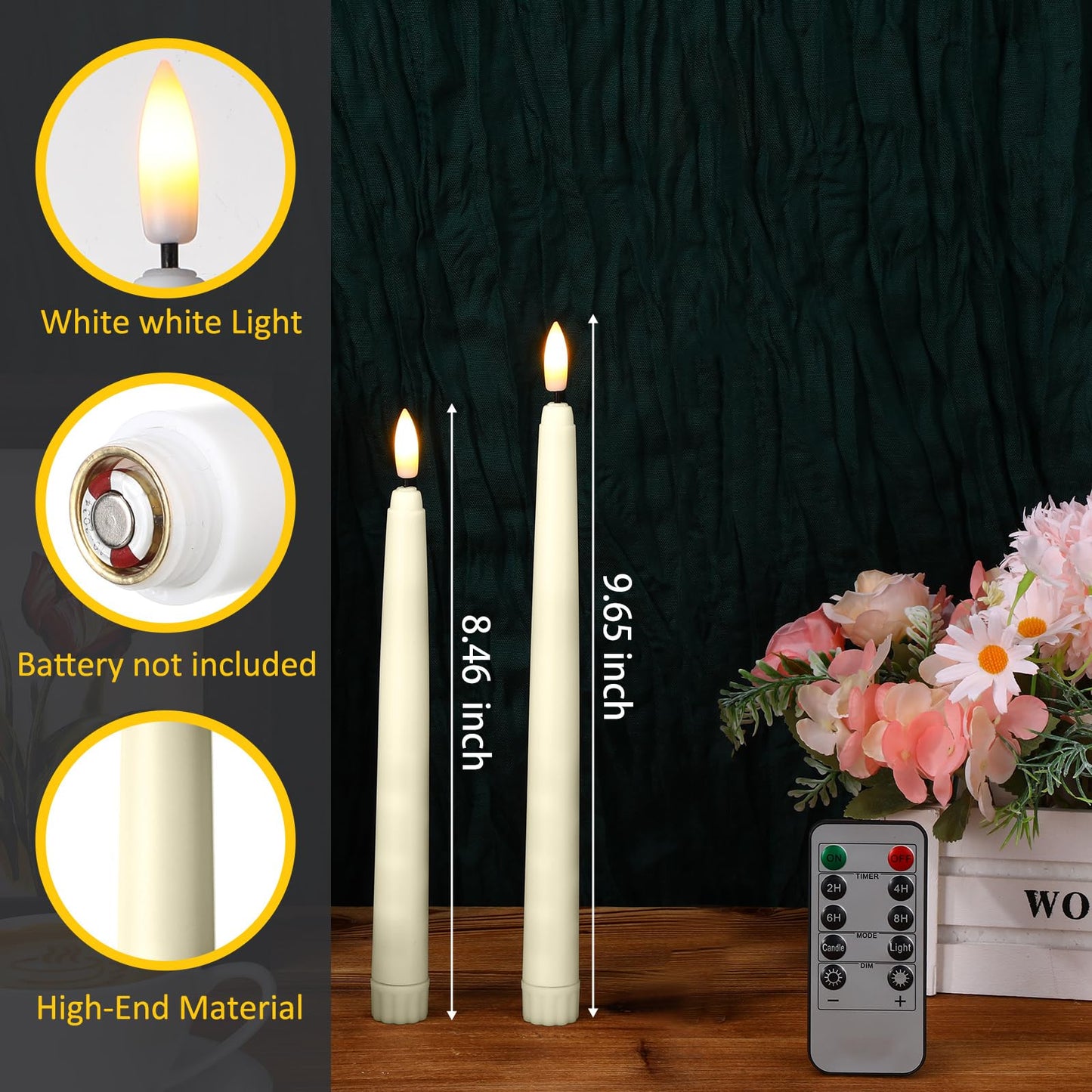 Tuanse 20 Pcs Flickering Flameless Taper Candles Bulk LED Battery Operated Realistic Flame Effect with Remote & Timer Safe No Fire Wax Drip Candles for Wedding Church Home Decor (8.46",Beige)