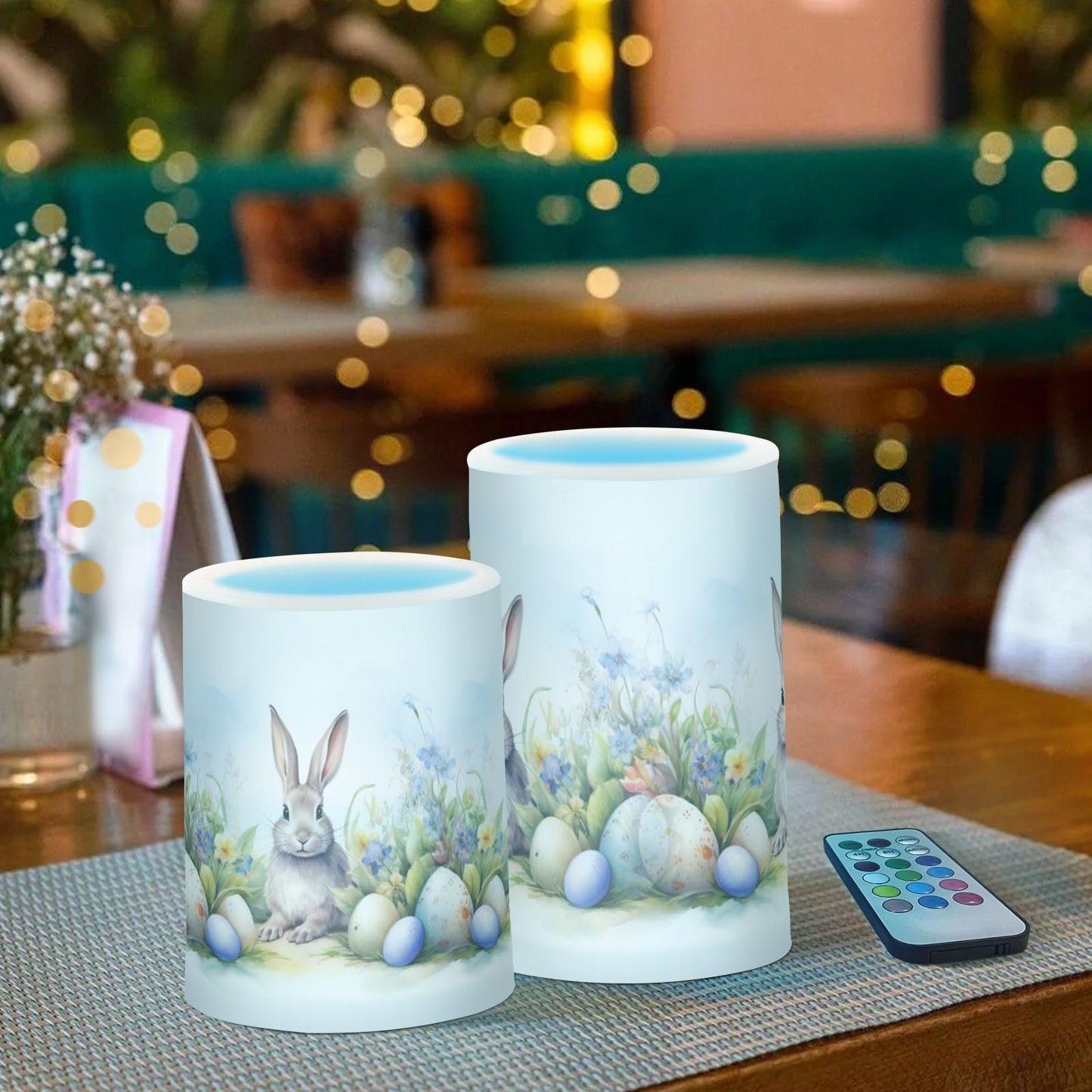 zyrtty 2 Pack Plastic Flameless Candles Easter Rabbit Colorful Eggs Bunny Watercolor Flower Battery Operated with Remote and Timer Real Wax LED Flickering Pillar Candles Set Window Christmas Holiday D