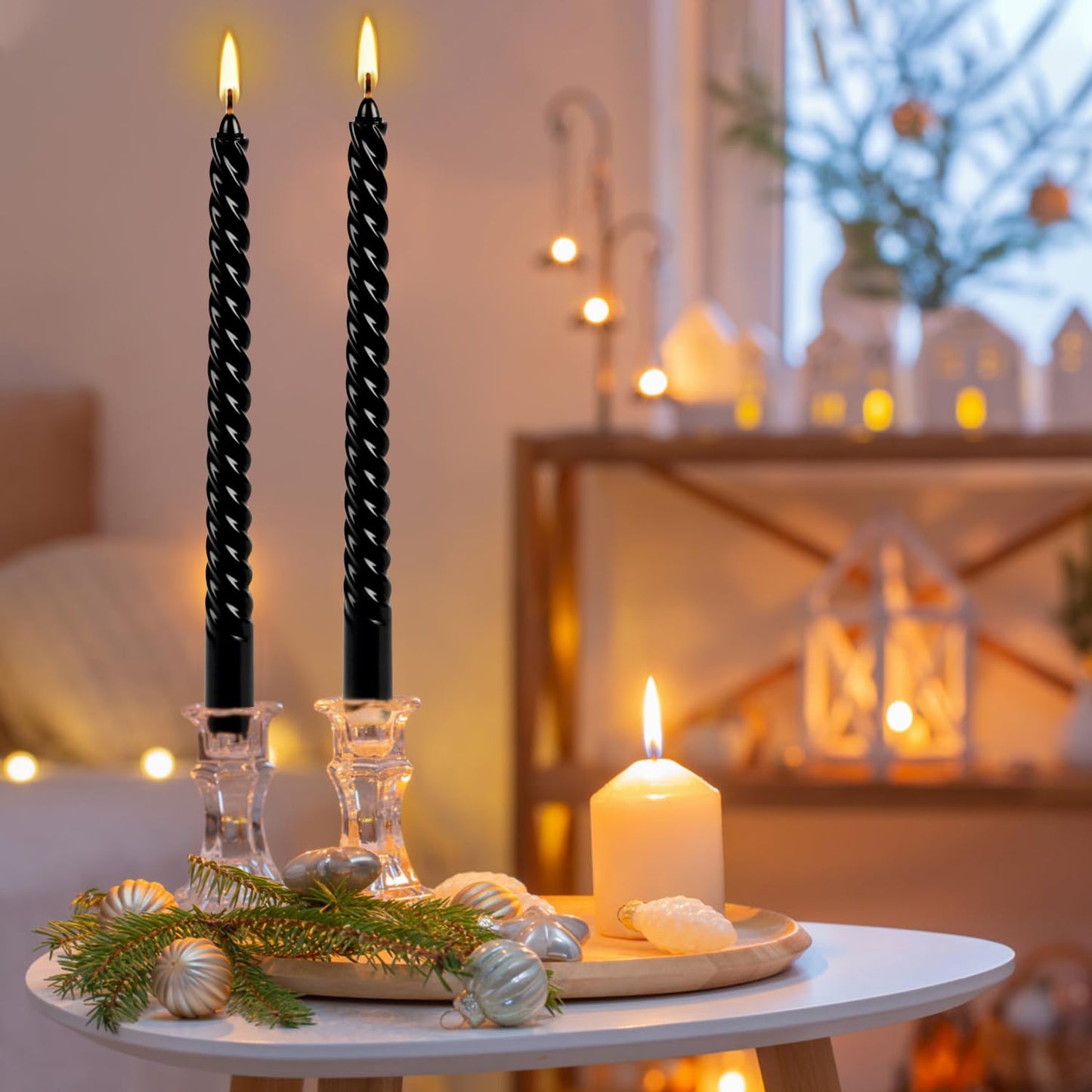 WPONSZU 10 Inch Black Spiral Taper Candle Set, 12 Pack Unscented Dripless Candlesticks for Halloween,Dinner,Party Brithday Wedding and Home Decoration