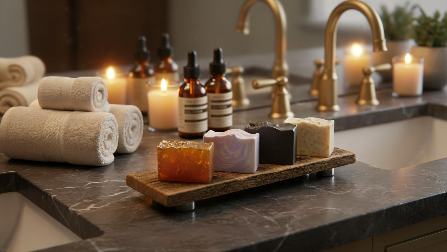 Rustic Revival | Barnwood Soap Tray Wood Counter Top Riser Pedestal Rustic Reclaimed Wood Soap Stand for Kitchen, Bathroom, Soaps, Essential Oils, Incense, and More! (3.5x10 inch Tray)