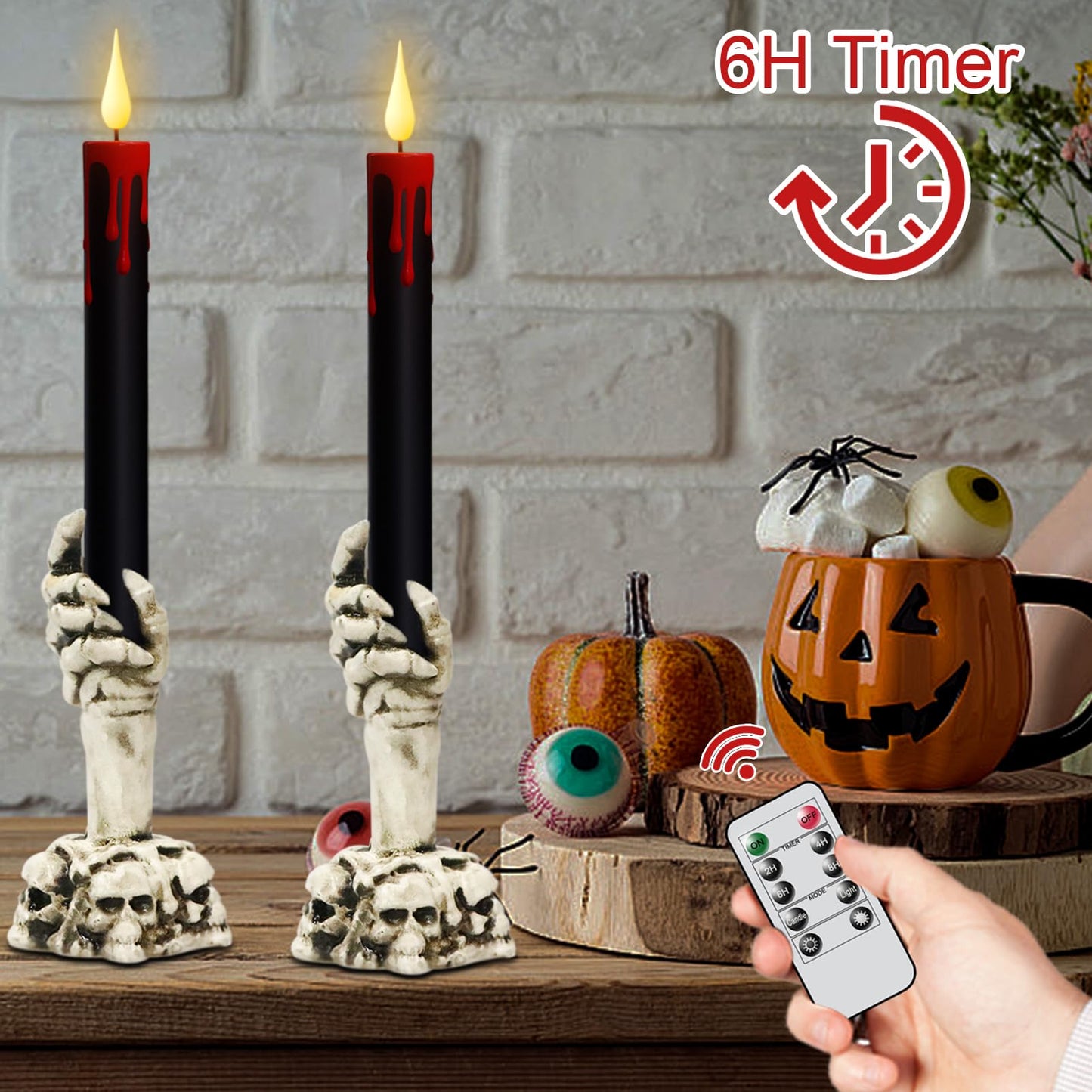 Lasumora Halloween Black Flameless Taper Candles Flickering with Remote Timer, Battery Operated Led Taper Candle, 2 Pcs Drip Wax Candlesticks with Skull Hand Candle Holder for Halloween Decorations