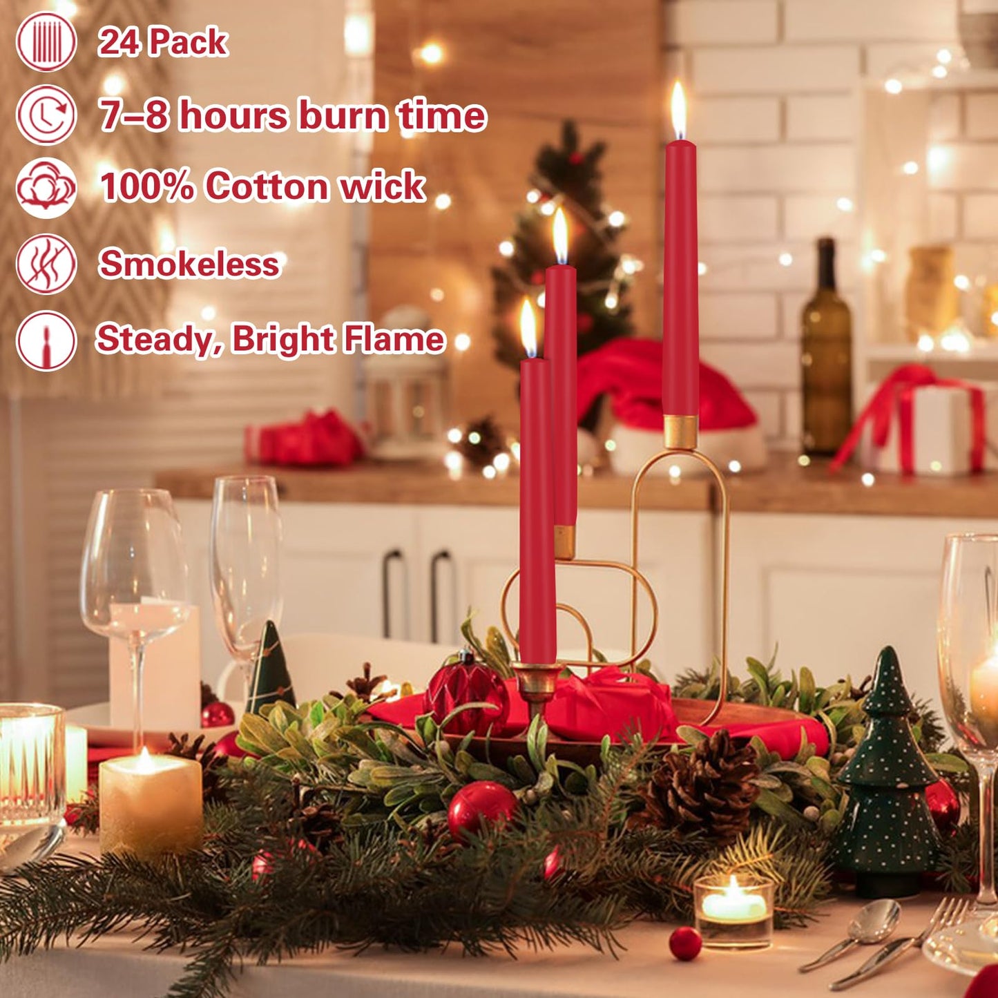 24 Pack Red Taper Candles, 10 Inch Classic Red for Valentine's Day Decor, 7-8 Hour Burn, Clean-Burning Unscented Bulk Candles for Holiday Dinner Table, Fireplace Mantel, Wedding Centerpiece