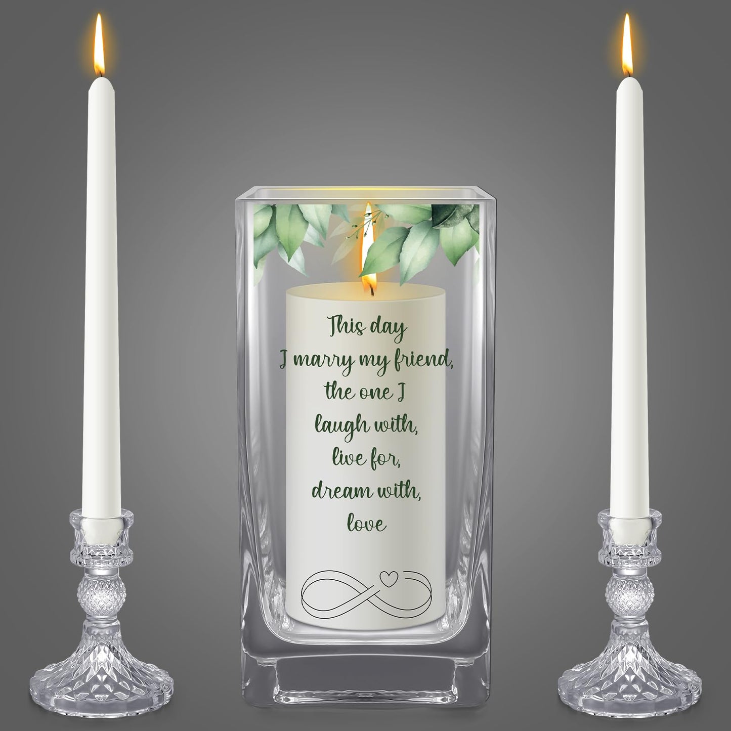 FoldTier Unity Candles with Holder for Wedding Ceremony Set 1 6" Pillar 2 9.8'' Taper Candles 3 Candlestick for Religious Formal Events Church(Green Leaf)