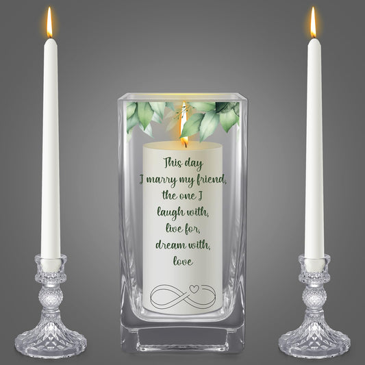 FoldTier Unity Candles with Holder for Wedding Ceremony Set 1 6" Pillar 2 9.8'' Taper Candles 3 Candlestick for Religious Formal Events Church(Green Leaf)