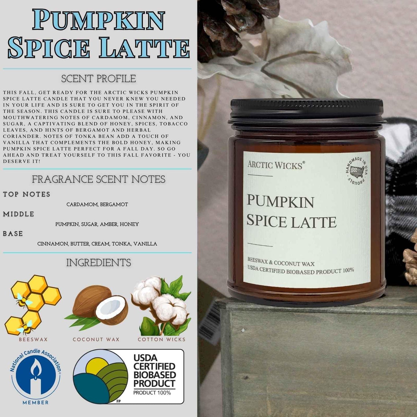 Arctic Wicks Scented Coconut Beeswax Candles | Coconut Beeswax Non Toxic Candle 9oz Amber | Farmhouse Candles Non-Toxic Clean Burn 100% USDA Certified Biobased (Pumpkin Spice Latte)